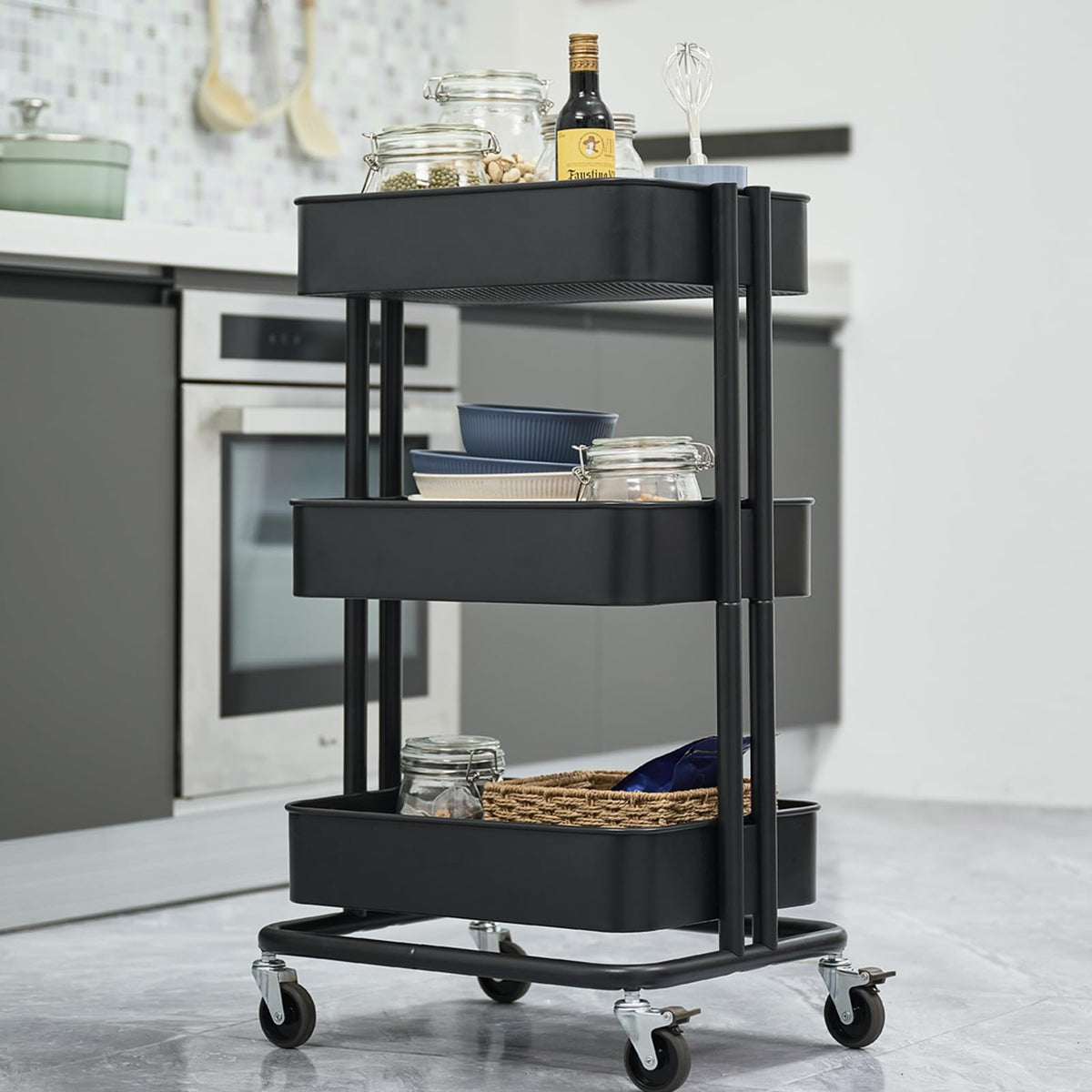 CARTTECH 3 Tier Rolling Cart Metal Heavy Duty Utility Cart with Silent Caster Lockable Wheels Multi-Functional Organization Carts Storage Trolley with Mesh Shelves for Office Kitchen Living Room Black