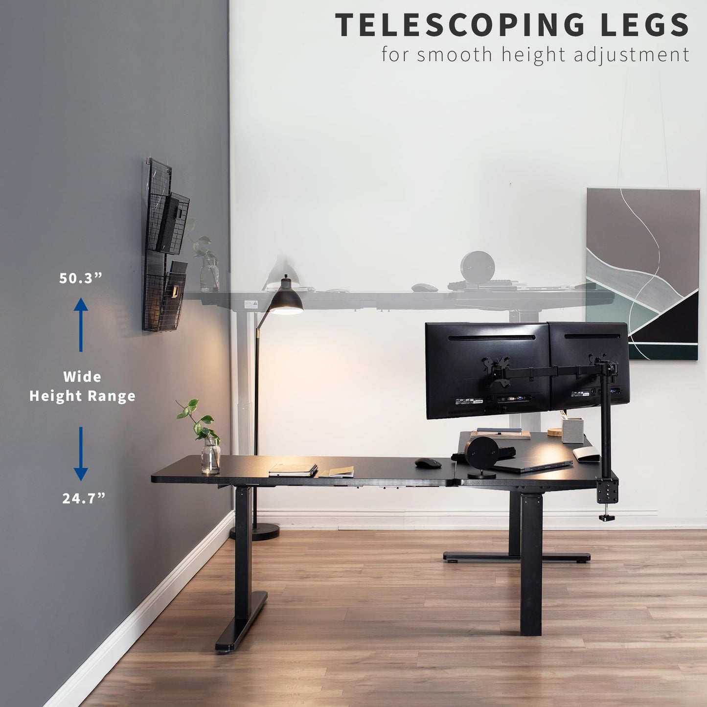 VIVO Electric Height Adjustable 67 x 60 inch Corner Stand Up Desk, 2 Light Wood Solid Table Tops, Black Frame, Memory Controller, L-Shaped Workstation, 3E Series, DESK-KIT-3E6BC