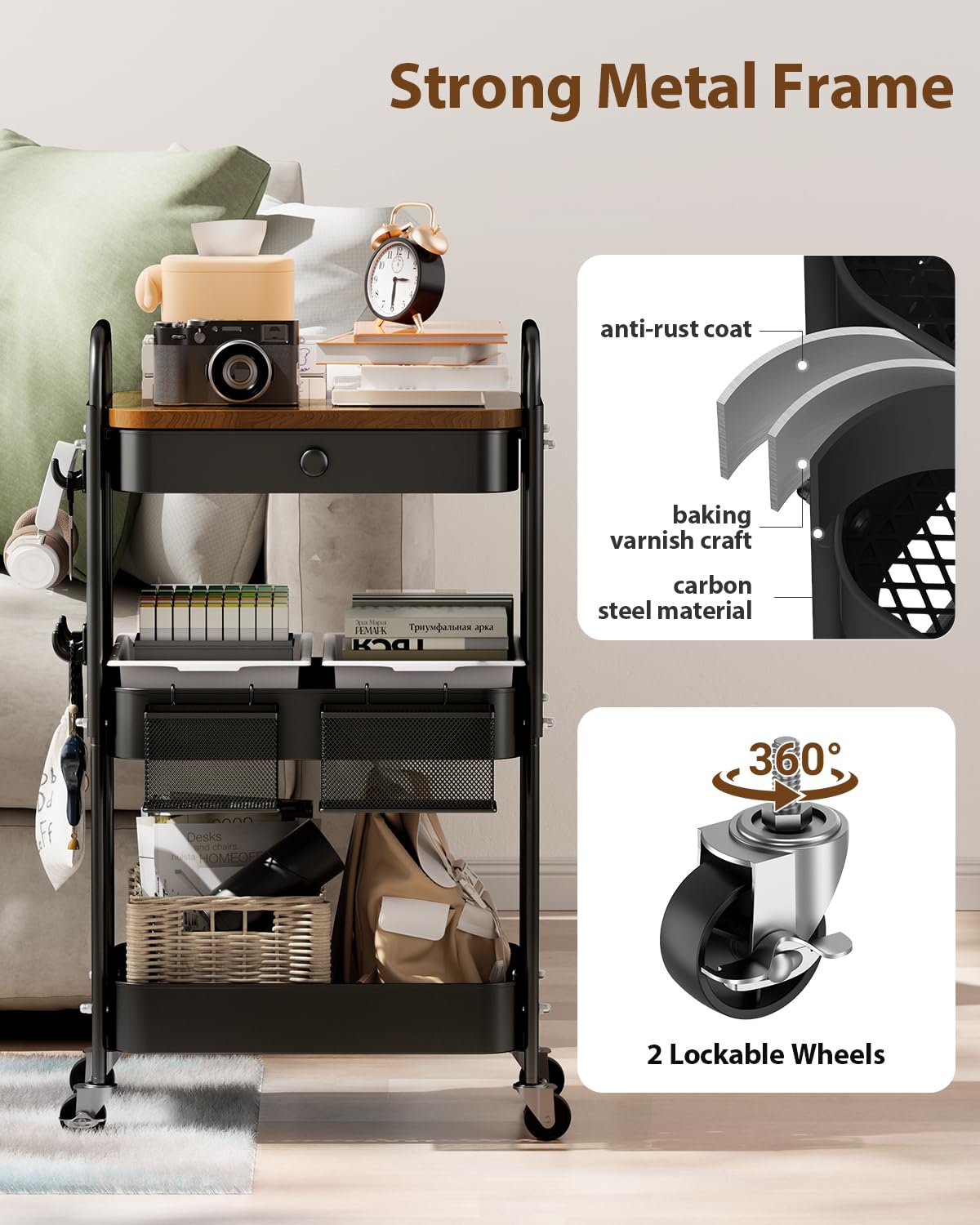 ALVOROG Rolling Cart with Drawer and Wood Table Top, 3 Tier Metal Rolling Utility Cart on Wheels with DIY Pegboards, Hanging Baskets, Hooks for Bedroom,Office,Craft Supplies