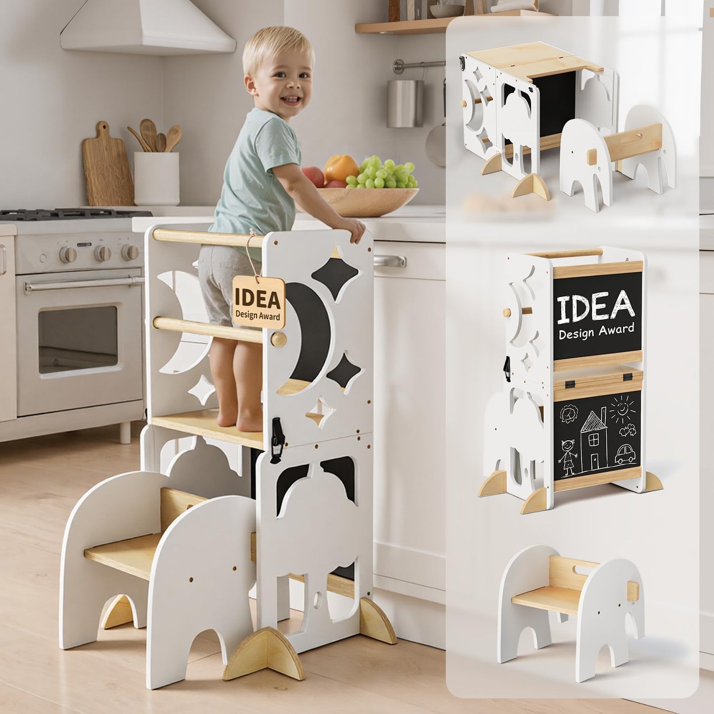 COSYLAND 4-in-1 Toddler Kitchen Stool Helper with Safety Rail, Foldable Toddler Standing Tower with Double Blackboard, Kids Learning Desk and Chair Set, White and Natural