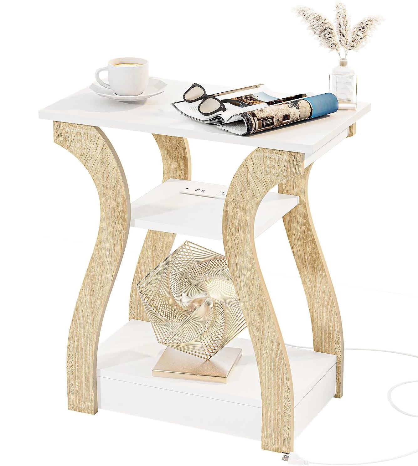 FROMJBEST End Table with Charging Station, Side Table with USB Ports and Outlets, Nightstand, 3 Tier End Table with Storage Shelf for Living Room, Bedroom (White)