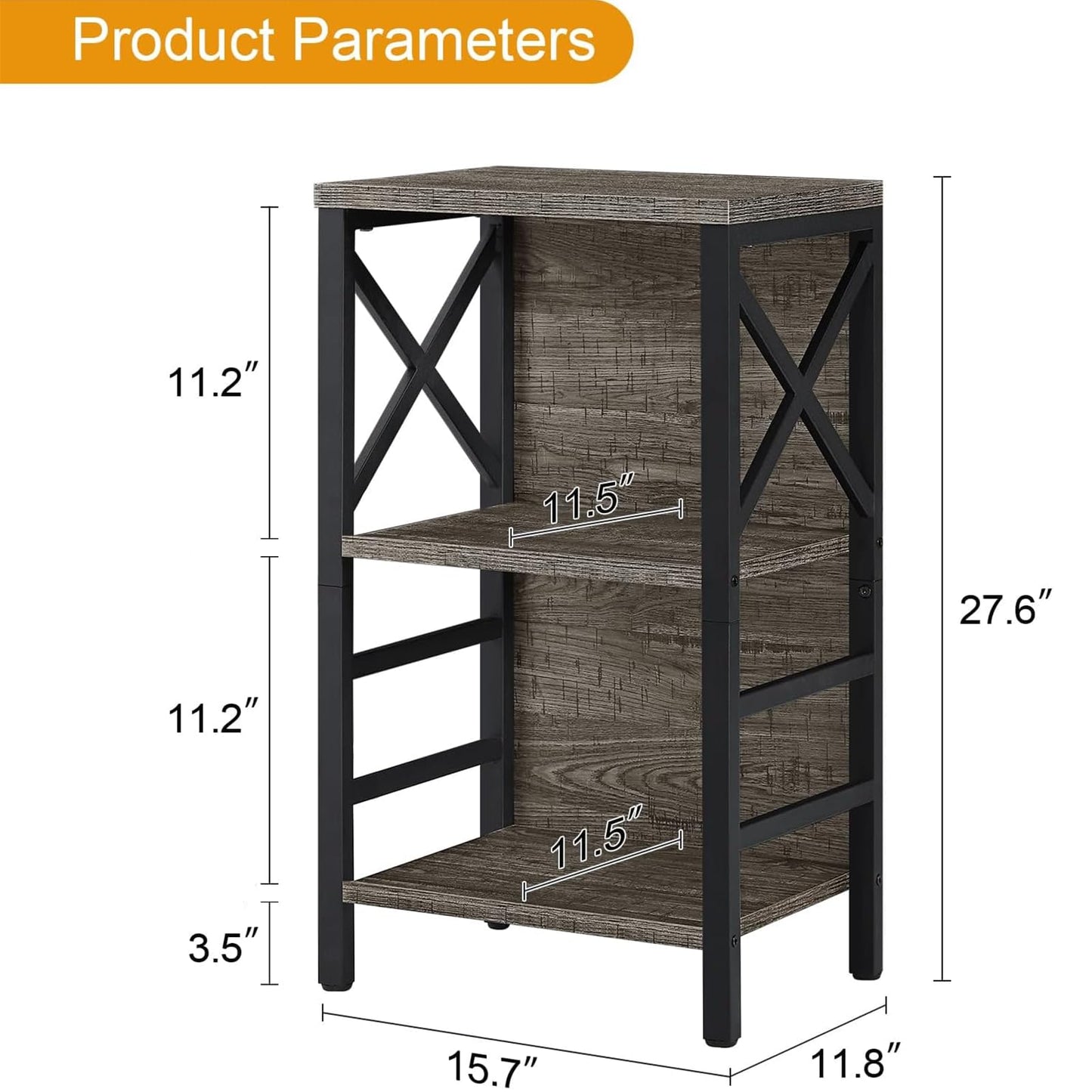 MNEETRUNG Small Bookcase,3 Tier Industrial Bookshelf with Metal Frame and Backboard,Low Grey Book Shelf,Book case for Small Spaces,Living Room,Bedroom and Home Office