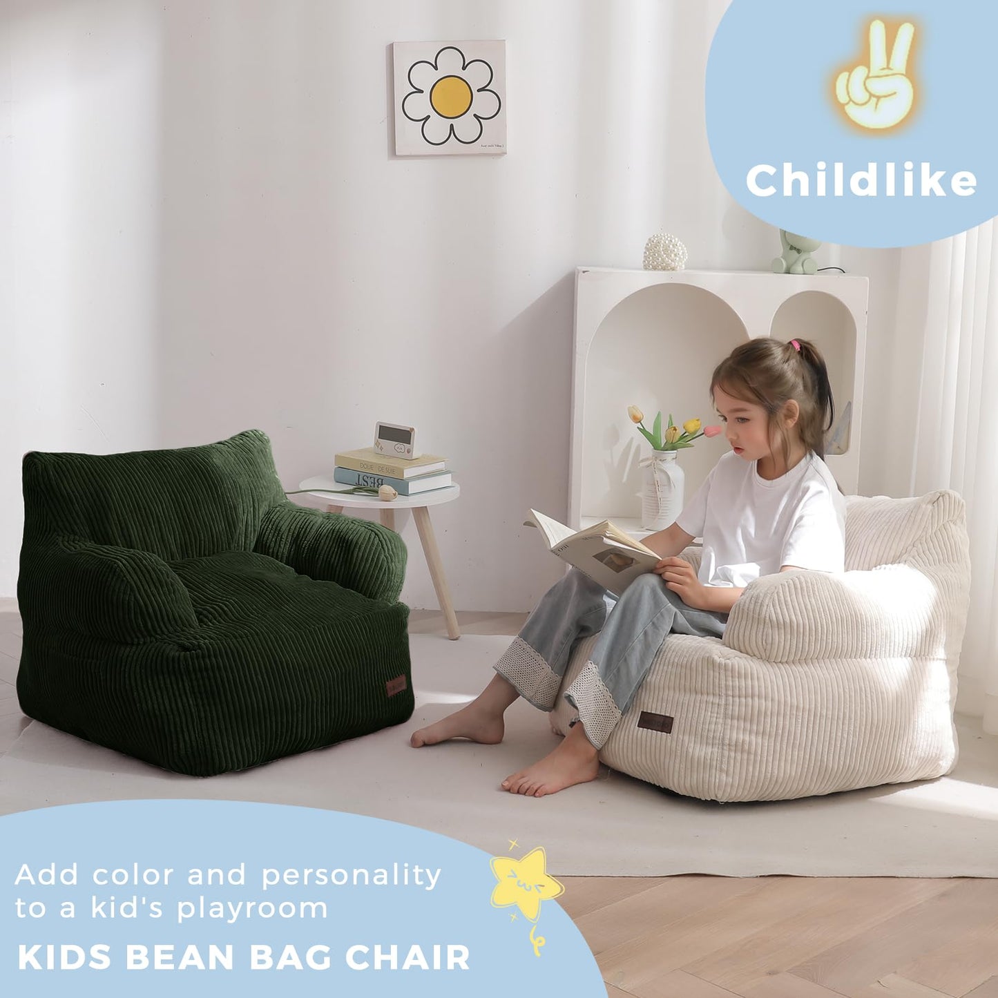 MAXYOYO Kids Bean Bag Chair, Stuffed Toddler Bean Bag Sofa with Filler Cozy for Boys and Girls, Lazy Sofa with Pocket Floor Chair for Gaming, Reading, Dark Green