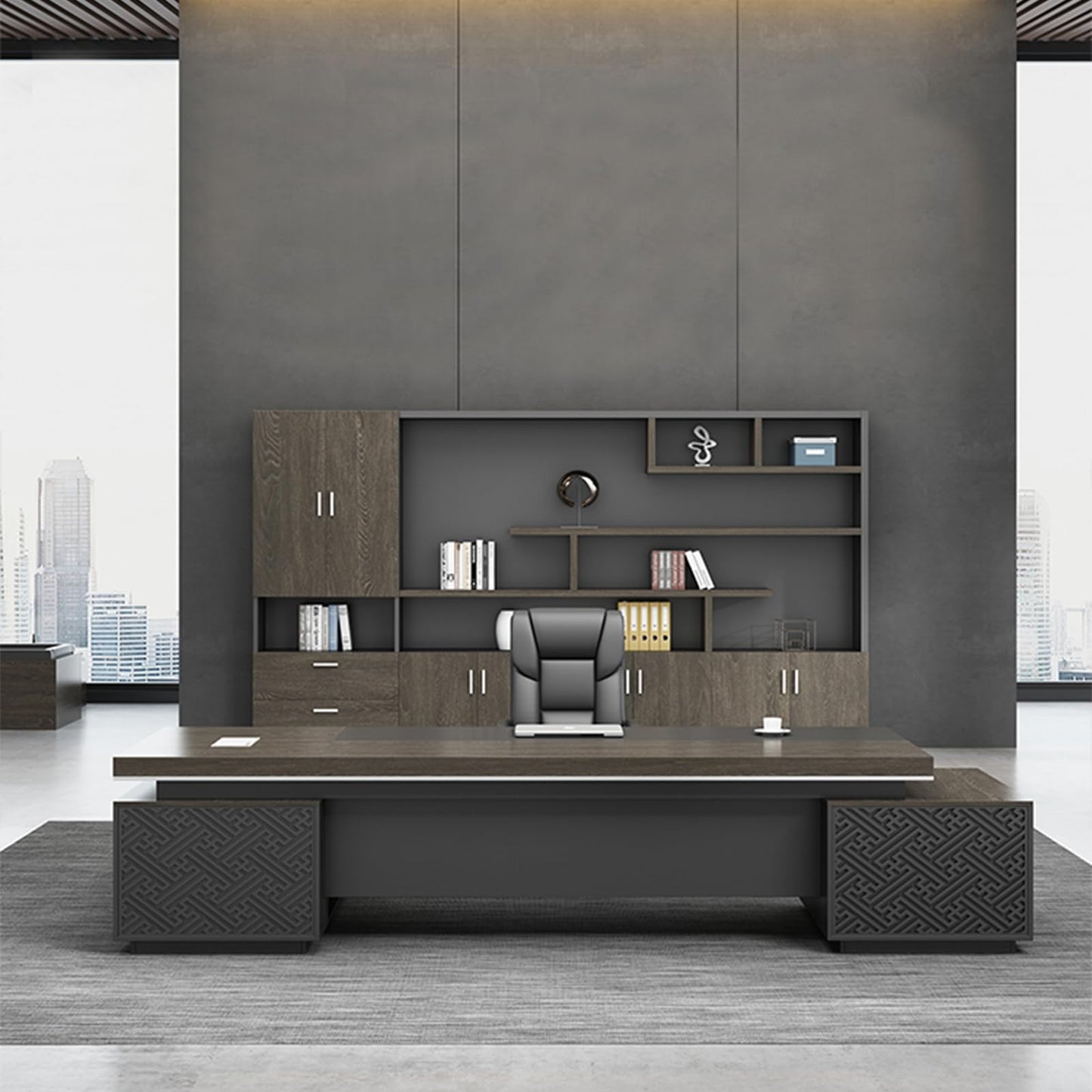 LSIGHTUS 102" Brown Large Modern Executive Office Desk, Wood Computer Desk with File Drawers Writing Study Table Business Furniture Set for CEO or Home