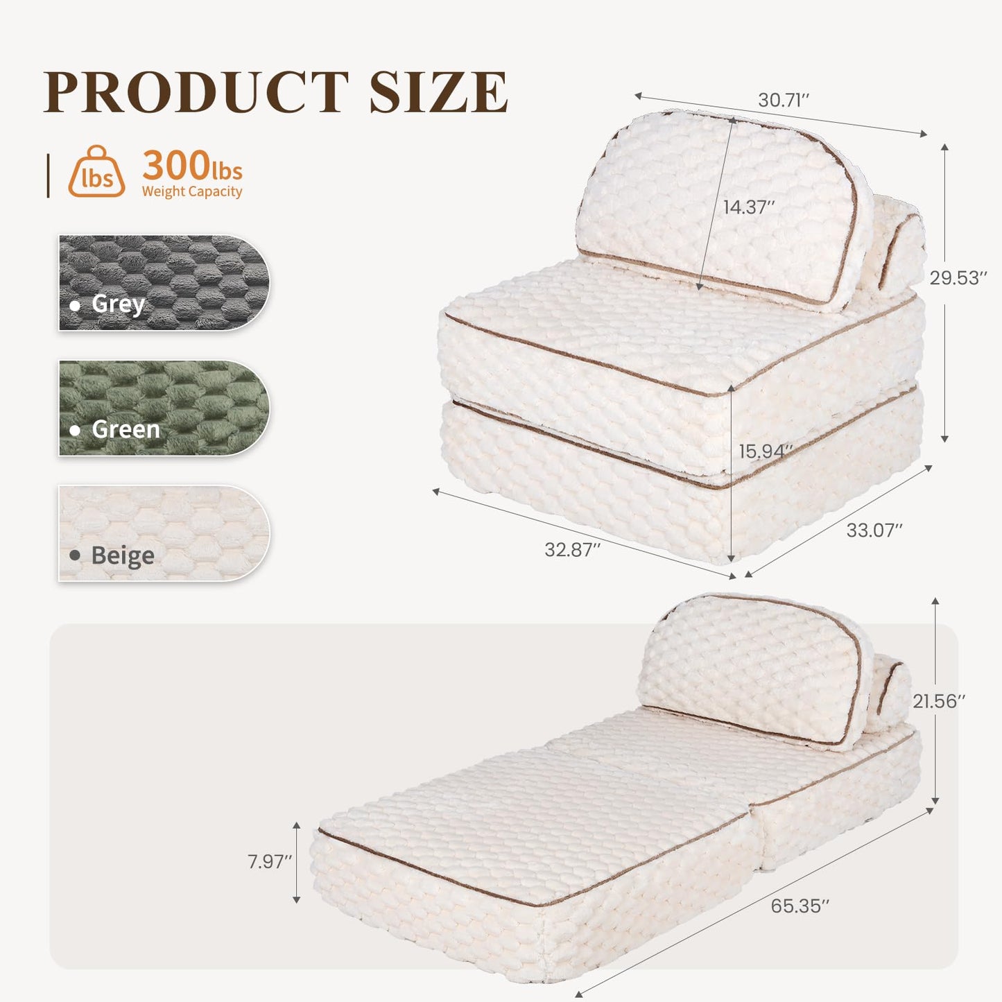 MALOL Folding Sofa Bed, 3-in-1 Convertible Sleeper Chairs with Pillow,Back Support, Fuzzy Fabric Floor Couch Bed for Adults, Boneless Couches Living Room, Bedroom, Apartment,Beige