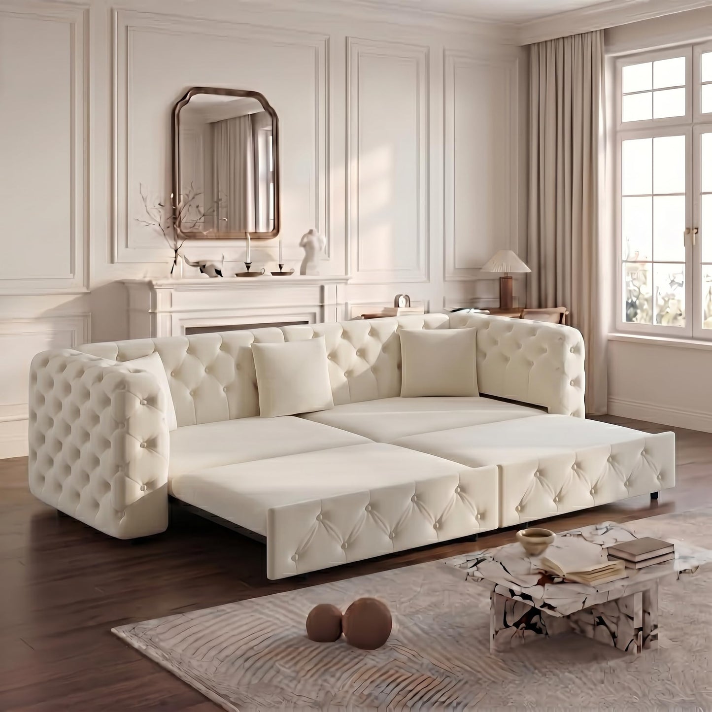 Trygoal 89" Extra Large Queen Size Sofa Bed, 3-in-1 4-Seater Oversized Velvet Sleeper Sofa Couch Bed with 3 Throw Pillows, Convertible Pull Out Couch for Living Room, Apartment, Guest Room, Beige