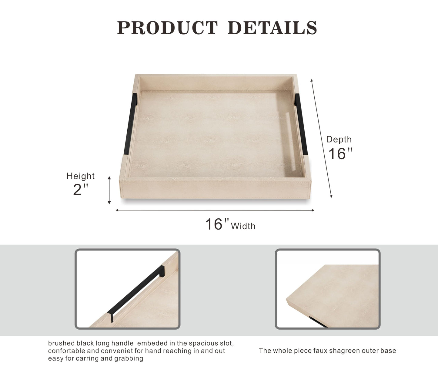 Sagala 16"x16" Ivory Shagreen Leather Serving Tray with Handles for Ottoman Coffee Table, Stylish Decorative Tray for Living Room Modern Home Decor (Ivory-Black, Square 16")