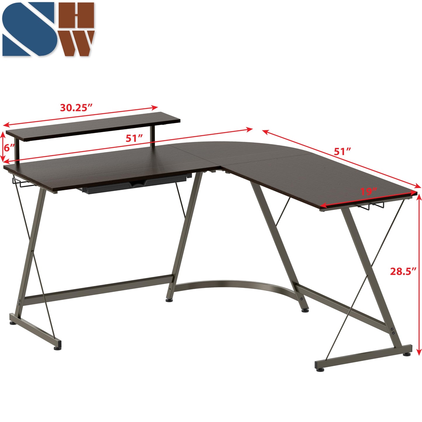 SHW 51 x 51 Inches Vista L-Shaped Desk with Monitor Stand and Drawer, Espresso