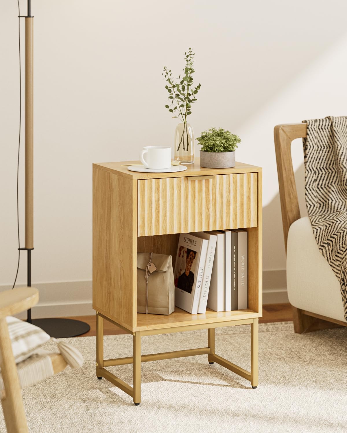 Masupu Fluted Nightstand,Modern Night Stand Wood Bedside Table with Storage Drawer Side End Table for Bedroom,Office,Oak