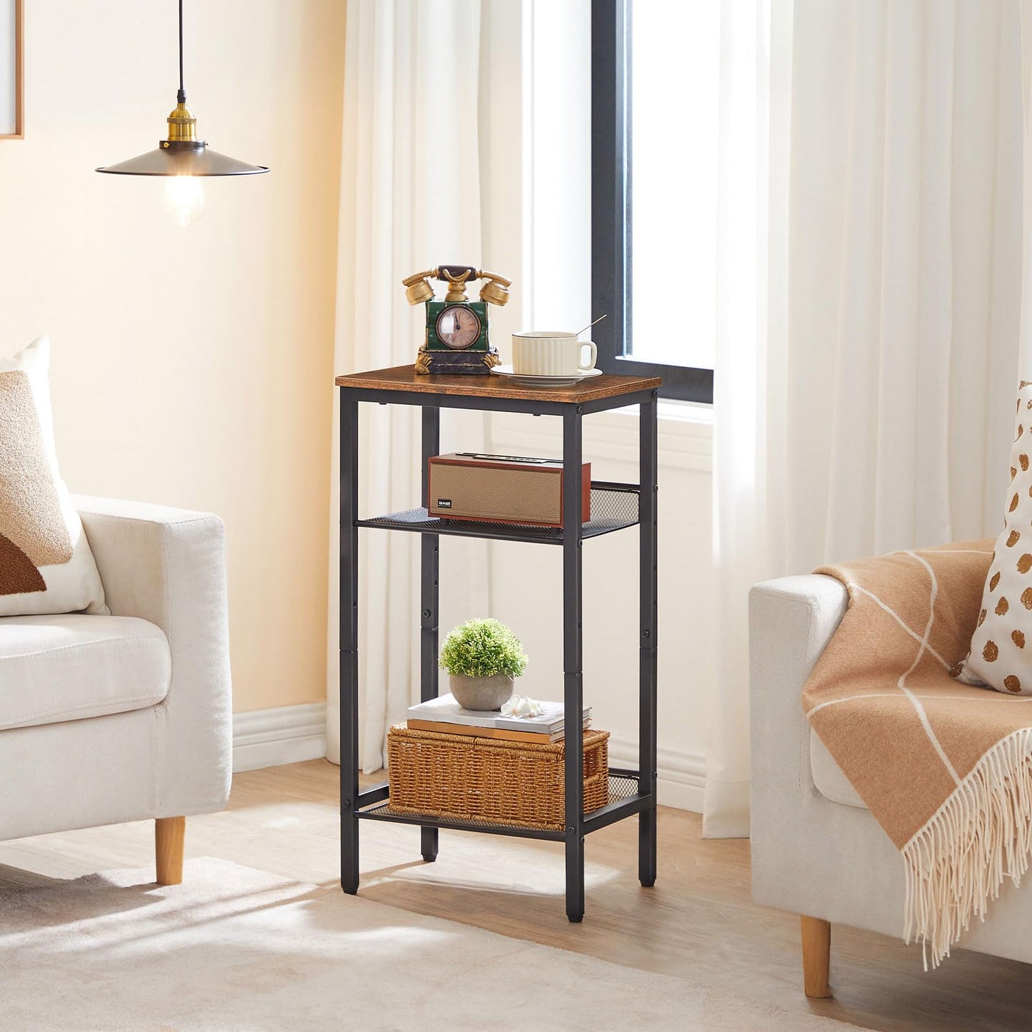 HOOBRO Side Table, 3-Tier Tall End Telephone Table with Adjustable Mesh Shelves, Small Entry Table for Living Room Bedroom Hallway or Office, Rustic Brown and Black BF01DH01G1