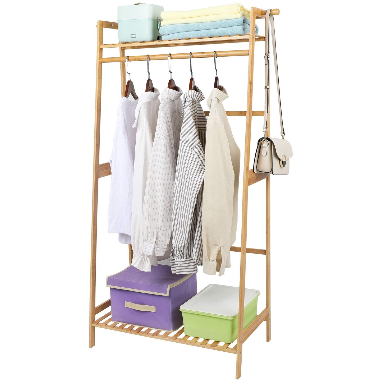Ufine Bamboo Clothes Hanging Rack with 2 Tier Storage Shelves, 2 Coat Hooks