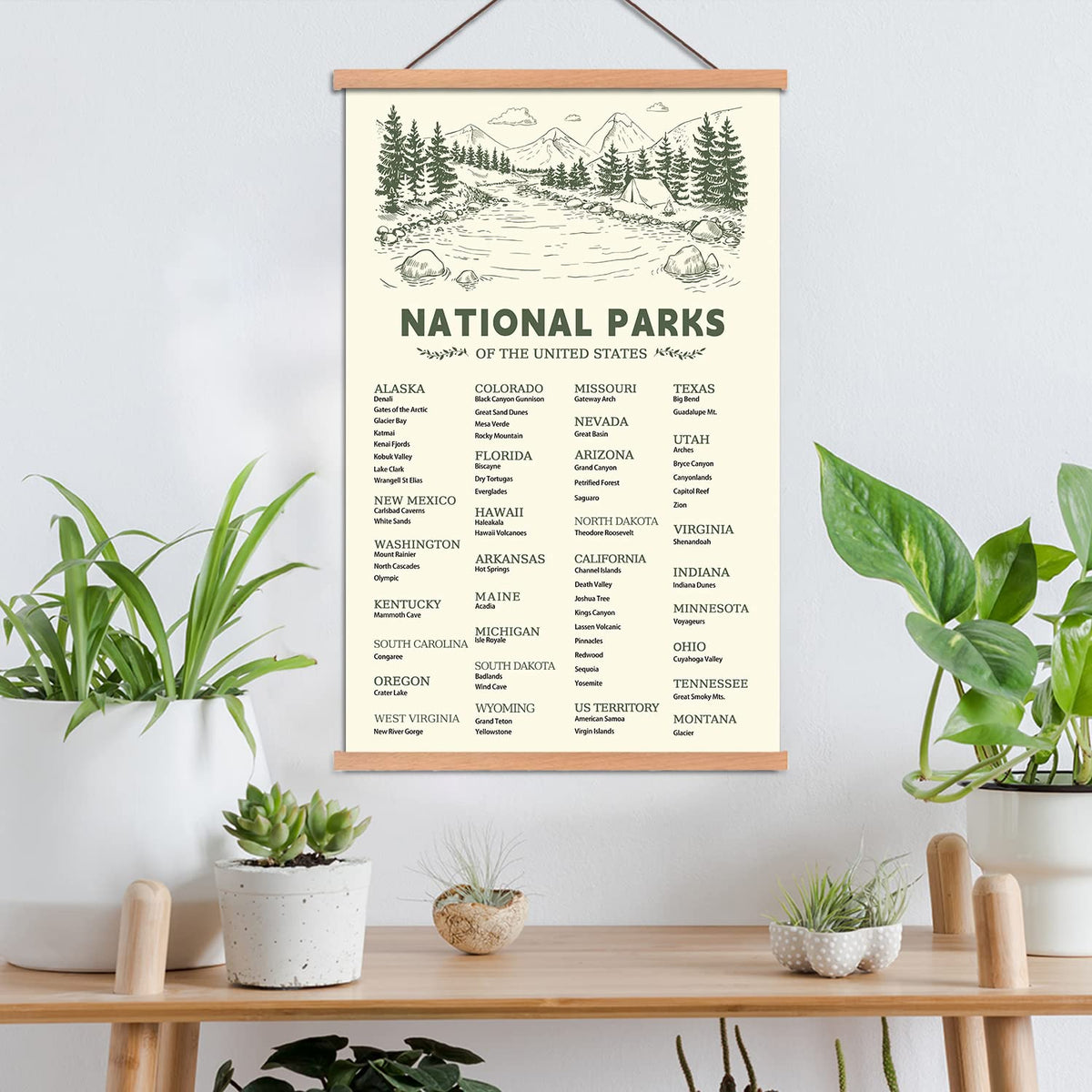 KAIRNE US National Park Checklist Poster,Park Posters for Travel Sign With Wooden Hanging Framed(28CMx46CM),Inspirational Rustic Decor,National Park Map Posters Gift for Hiker or National Park Lover