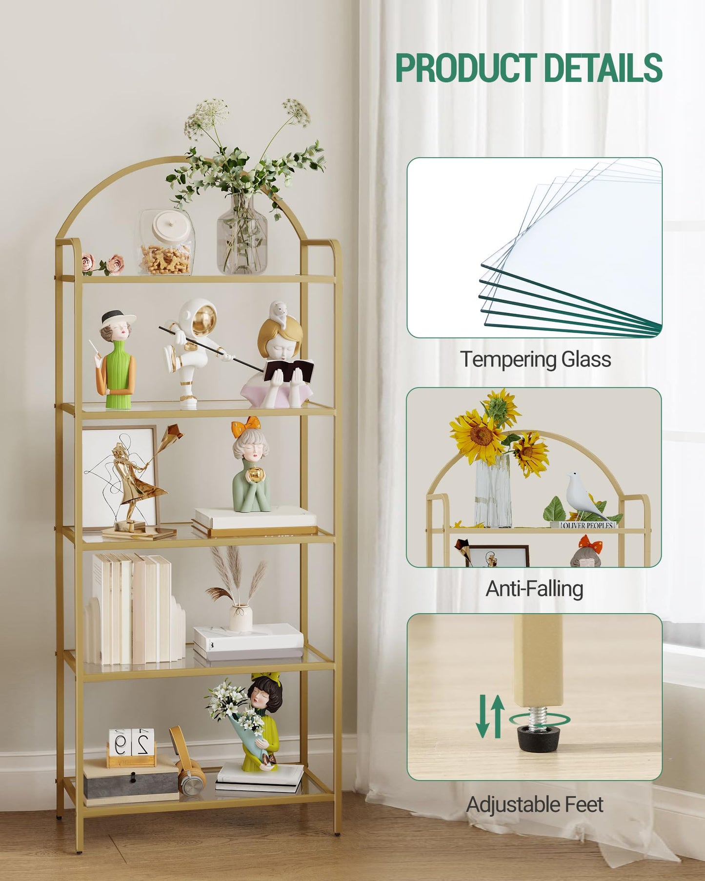 Hzuaneri Bookcase Bookshelf, Tempered Glass Bookshelves, Slim Shelving Unit for Bedroom, Bathroom, Home Office, Steel Frame, 5 Tier Gold BC21599G