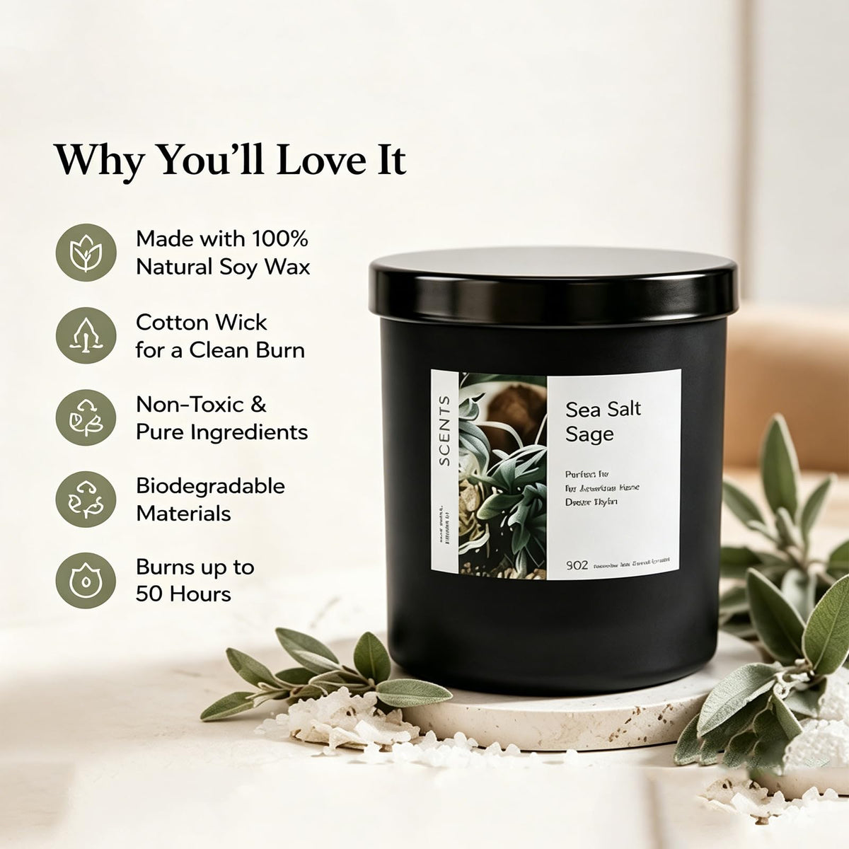 Sea Salt Sage Soy Candle, Driftwood Aromatherapy Candle for Home, Natural Soy Wax Sleep Candle with Citrus Woody Scent for Bedroom, Relaxation, Bath & Self Care Gift