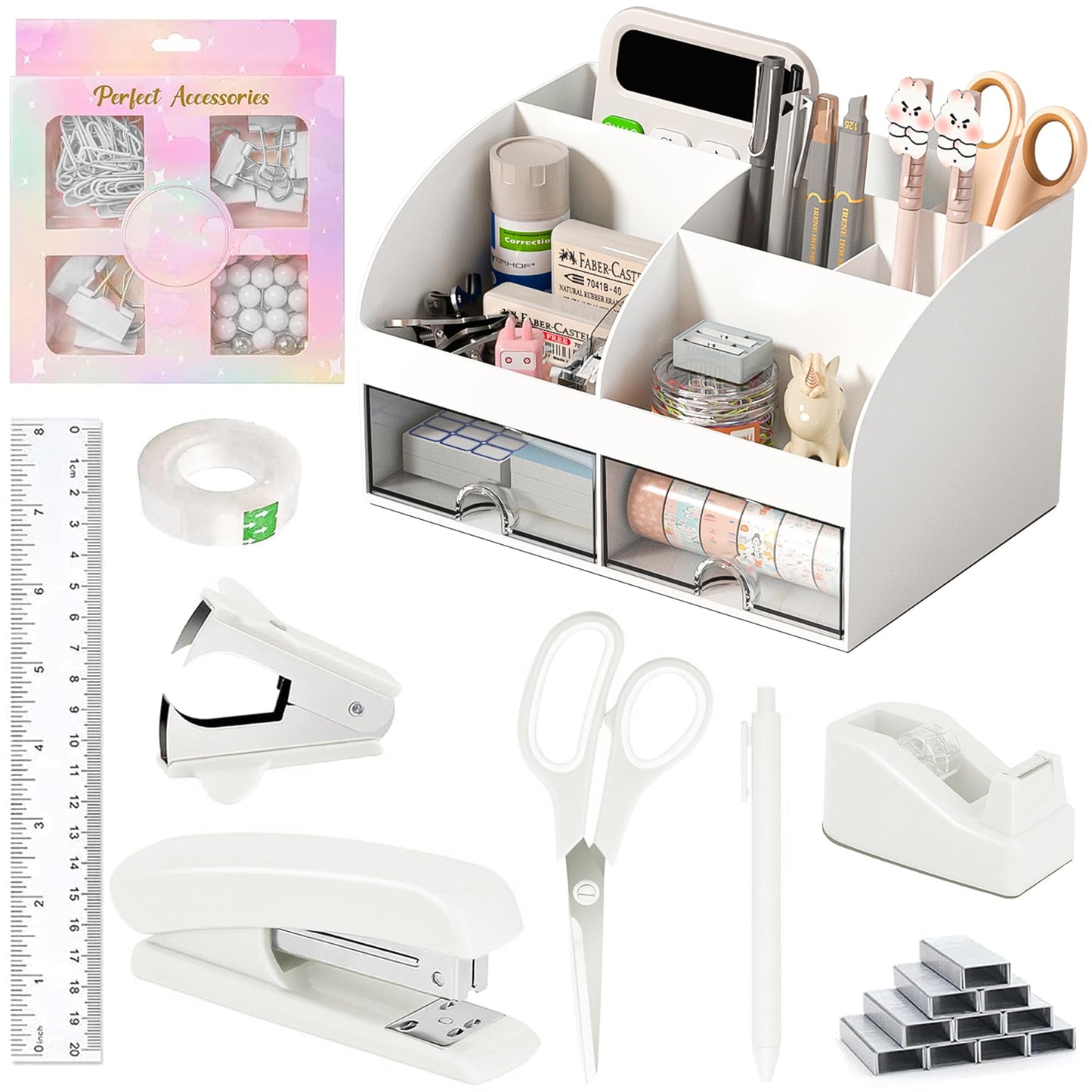 COMFYROOM Desk Accessories with Pen Holder, Office Supplies Desk Organizers and Accessories, Tape Dispenser, Stapler, Staple Remover, Staples, Clips Set, Ruler, Scissor, Pen, Tape (White)
