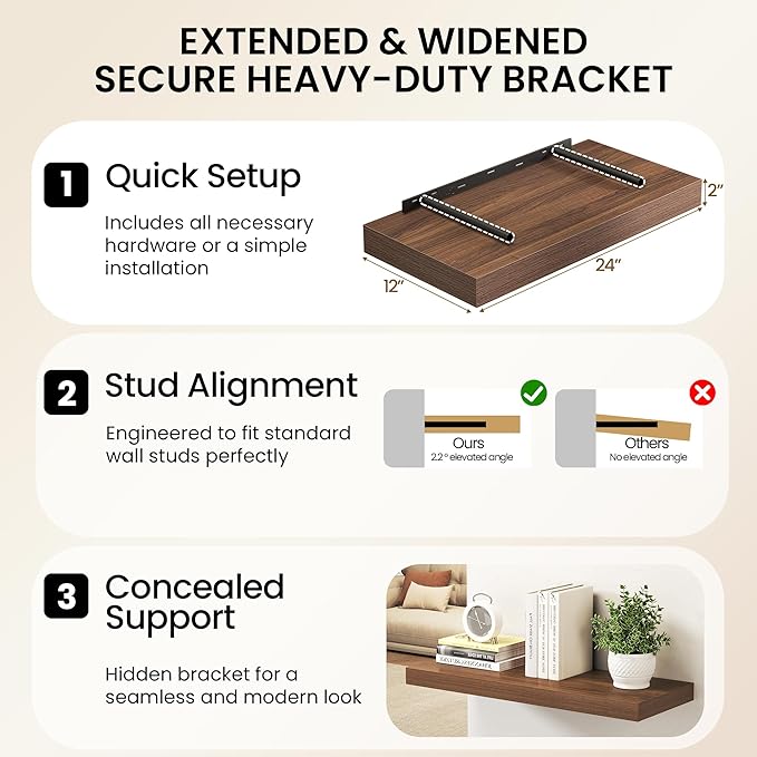 Fun Memories 12 Inch Deep Walnut Floating Shelf, 24 x 12 Rustic Wood Wall Shelf