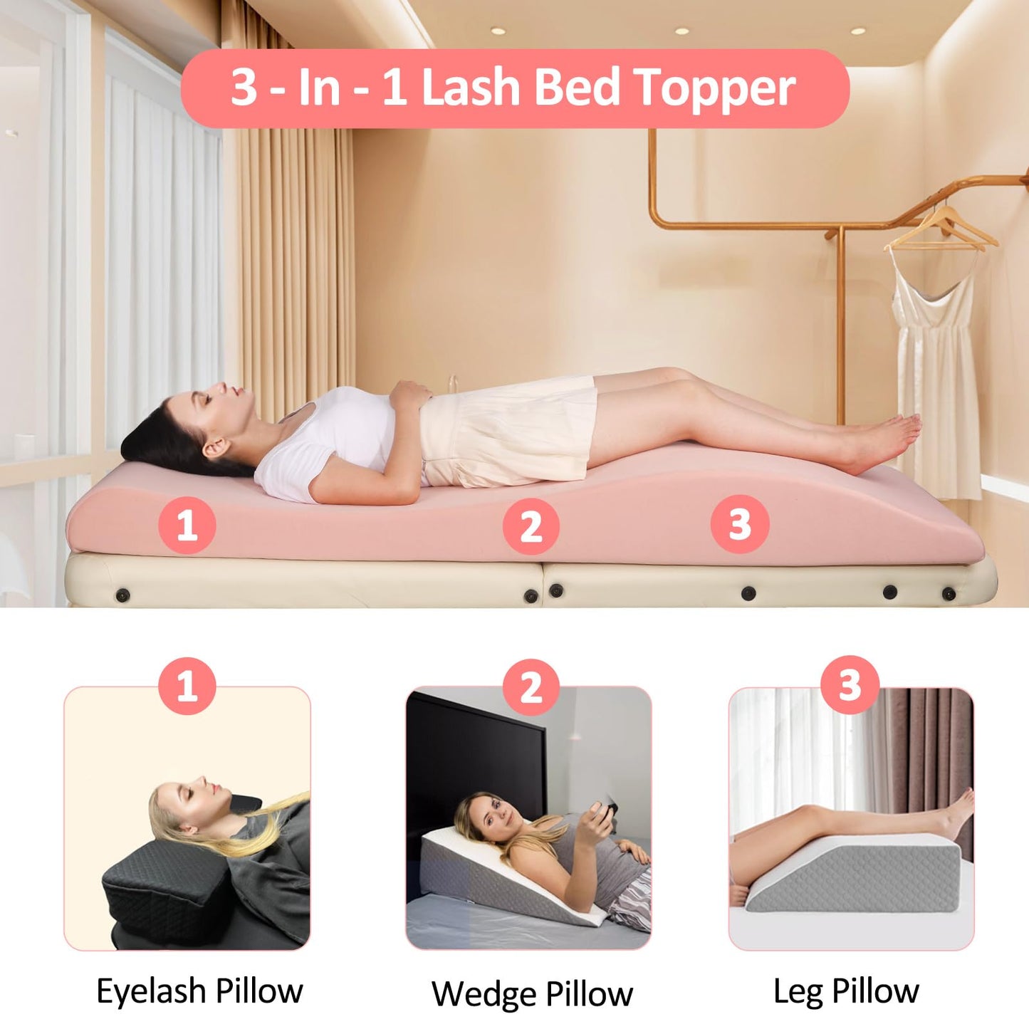 Lash Bed Topper for Massage Table, Ergonomic Curvy Esthetician Mattress Topper Crafted High Density Foam, Beauty Salon Massage Bed Pad with Removable & Washable Cover, Eyelash/Spa/Wax/Facial-Pink