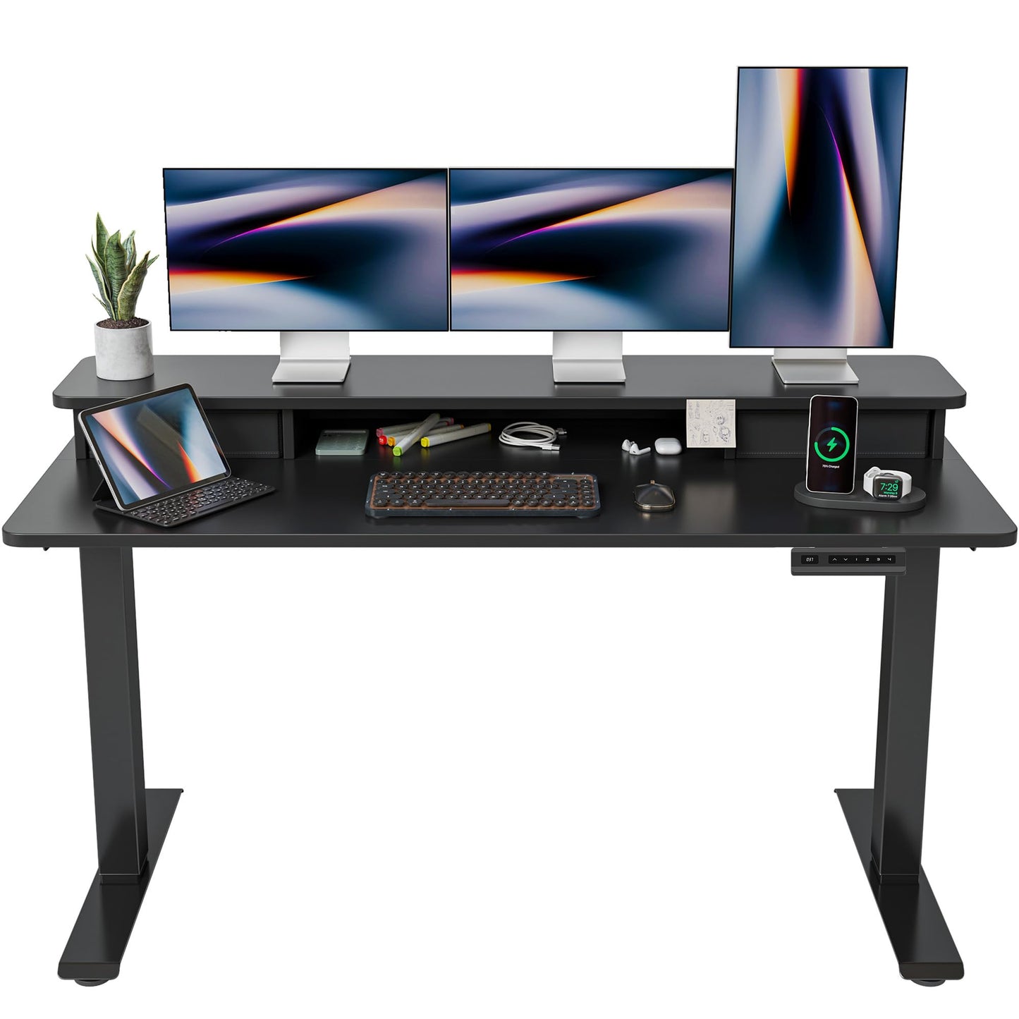 FEZIBO 63 x 28 Inch Deeper Height Adjustable Electric Standing Desk with Double Drawers, Sit Stand Up, Home Office Computer Desk with 4 Height-Adjustable Feets & 2 Hooks, Black Frame/Black Top