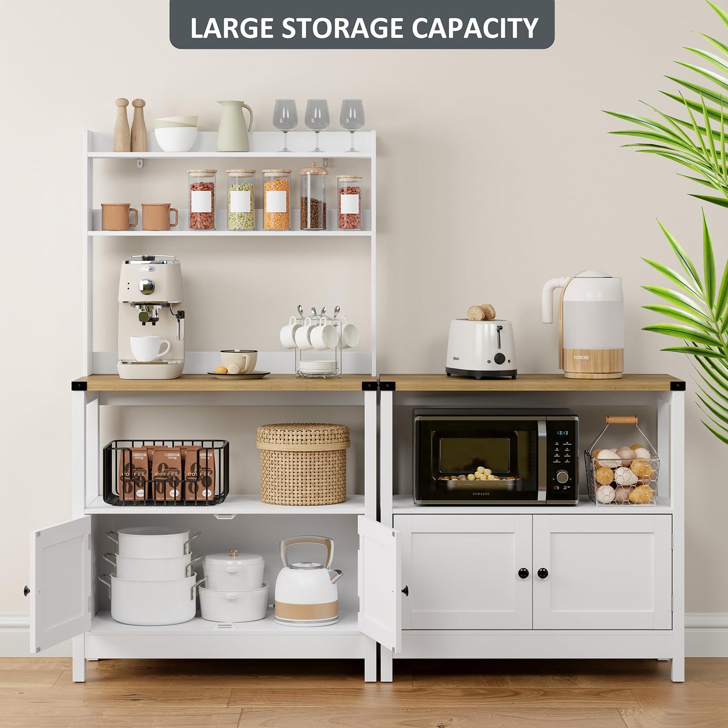 Lomojo Microwave Stand Bakers Rack Cabinet, Freestanding 5-Tier Kitchen Shelves, Farmhouse Floor Hutch Door Thickened Counter,Utility Storage Shelf, Coffee Bar(White and Brown)