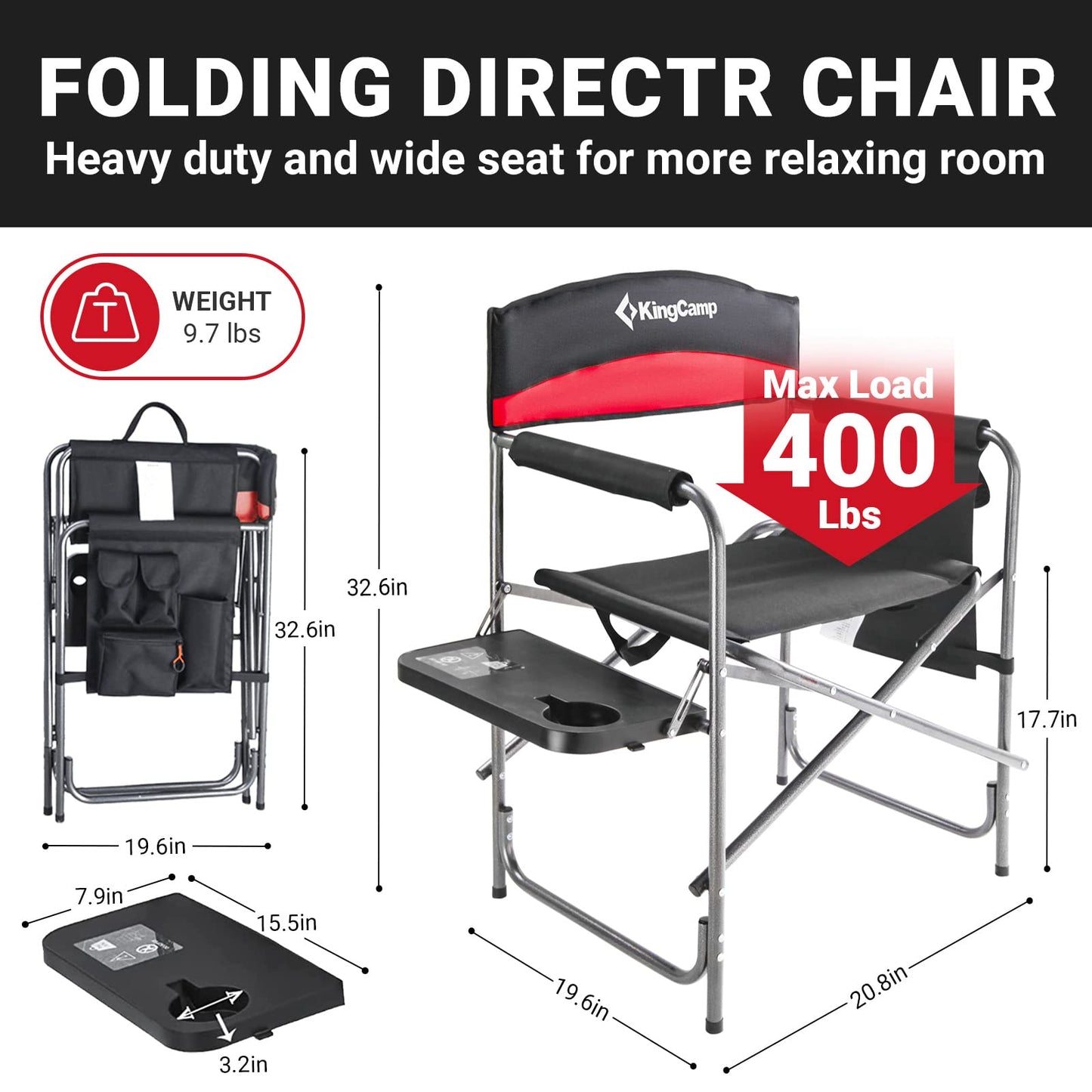 KingCamp Heavy Duty Camping Director Chair, Folding with Side Table & Storage, Red