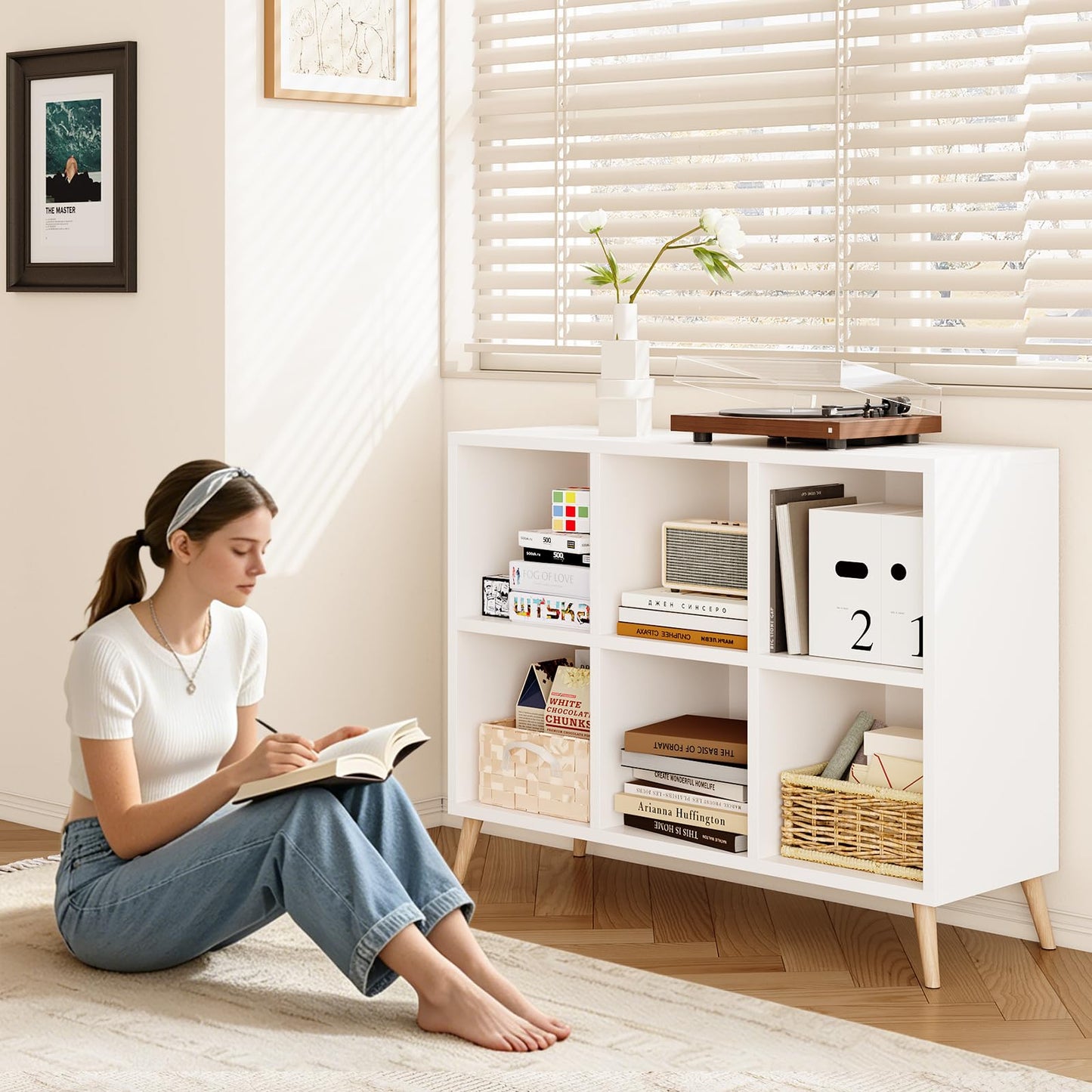 Flrrtenv 6 Cube Storage Organizer, Wood Bookcase with Legs, Modern Freestanding Cubby Shelving Unit, White Book Shelf Toy Storage Cabinet for Bedroom, Living Room, Kids Room, Fits 11 Inch Bins