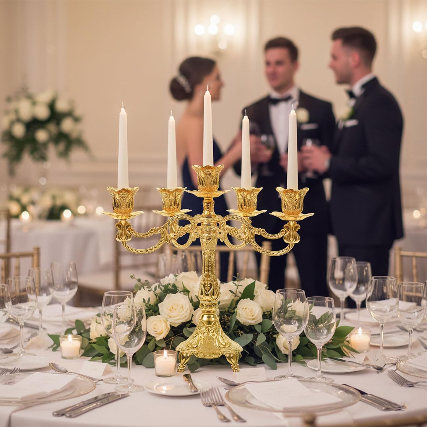 5-Candle Candelabra Metal Candlestick Holder Decoration for Weddings, Churches, Halloween, Christmas, Birthday Party (A-Gold)