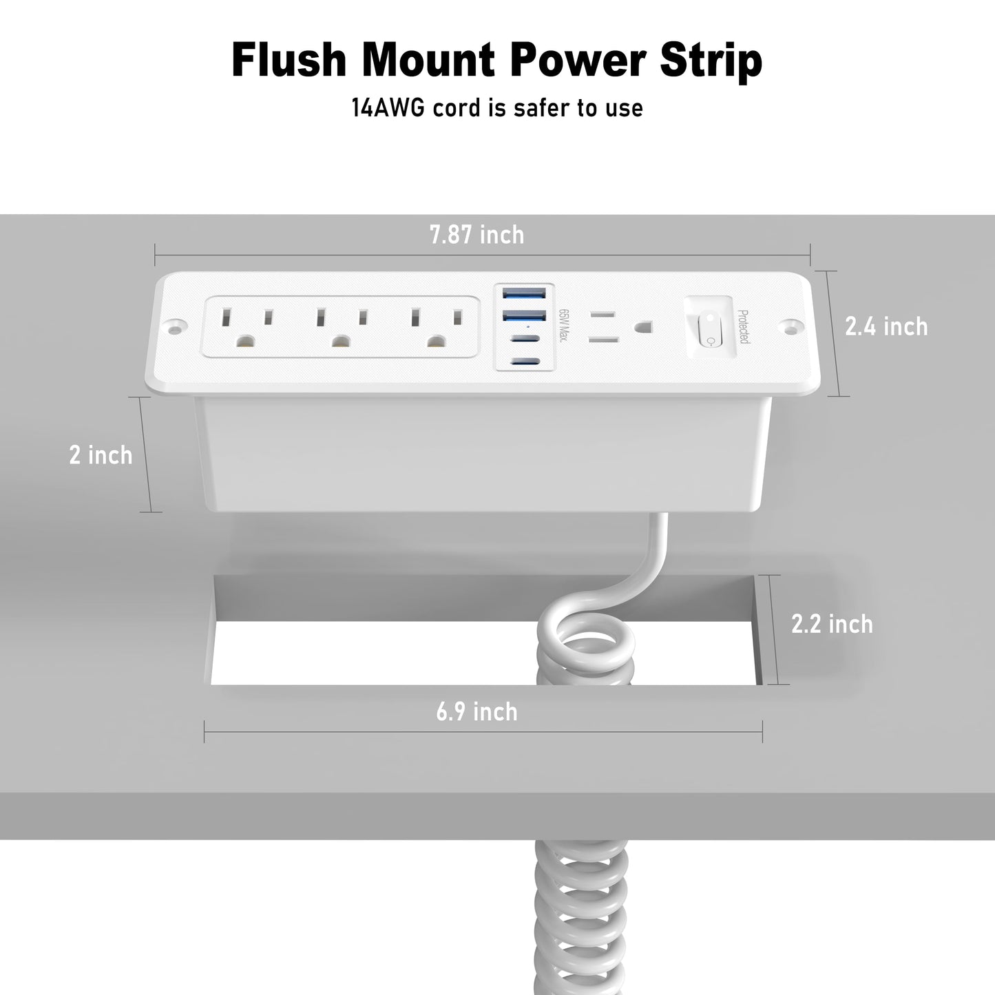 Furniture Drawer Outlet Kit, 65W USB C Recessed Power Strip with 4 Outlets & 4 USB Ports,Hidden Charging Station for Home Office 6 FT White Cord