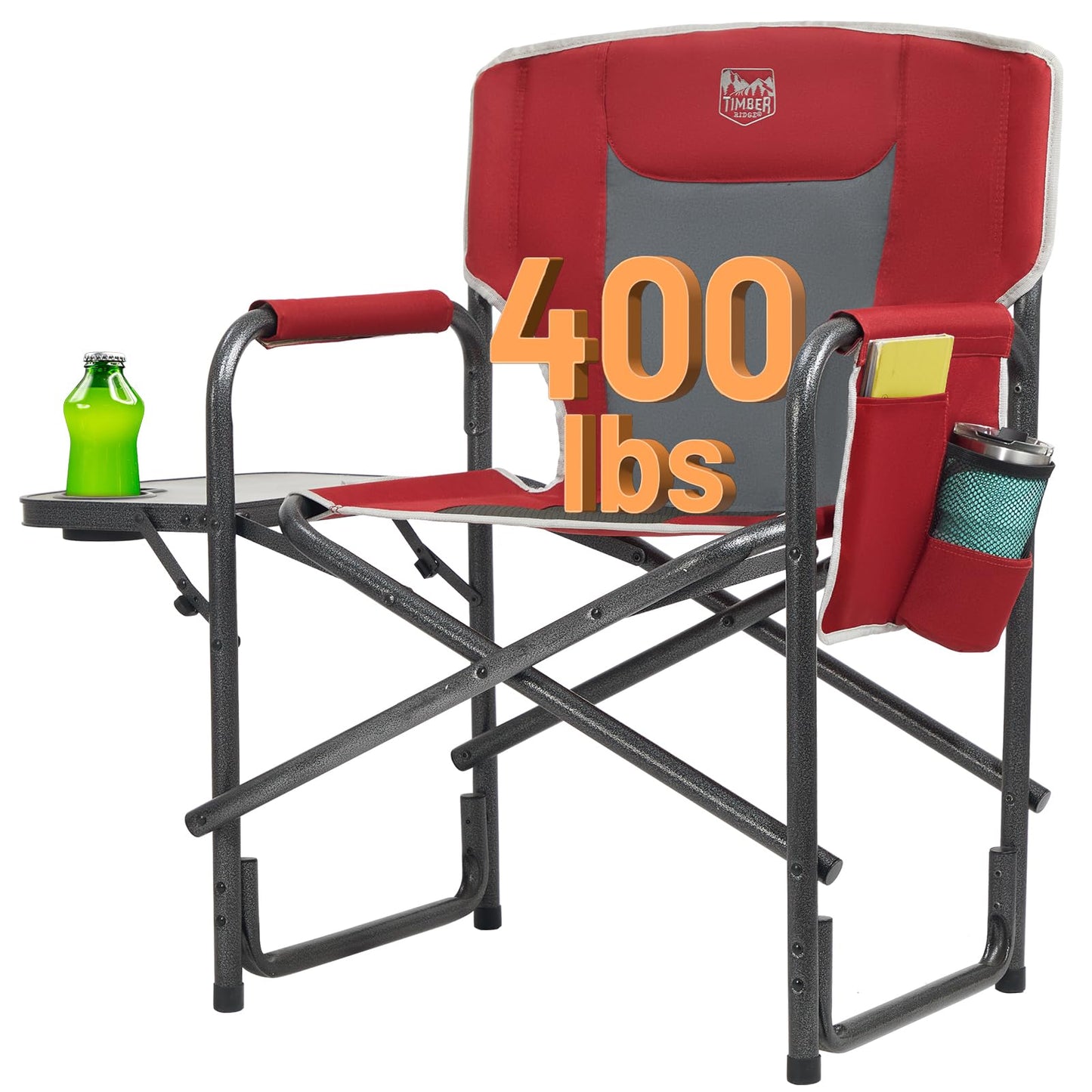 Timber Ridge Aluminum Oversized Camping Chair, Lightweight Portable Directors Chair with Side Table Detachable Side Pocket for Outdoor Camping, Lawn, Picnic, Support 400lbs Red