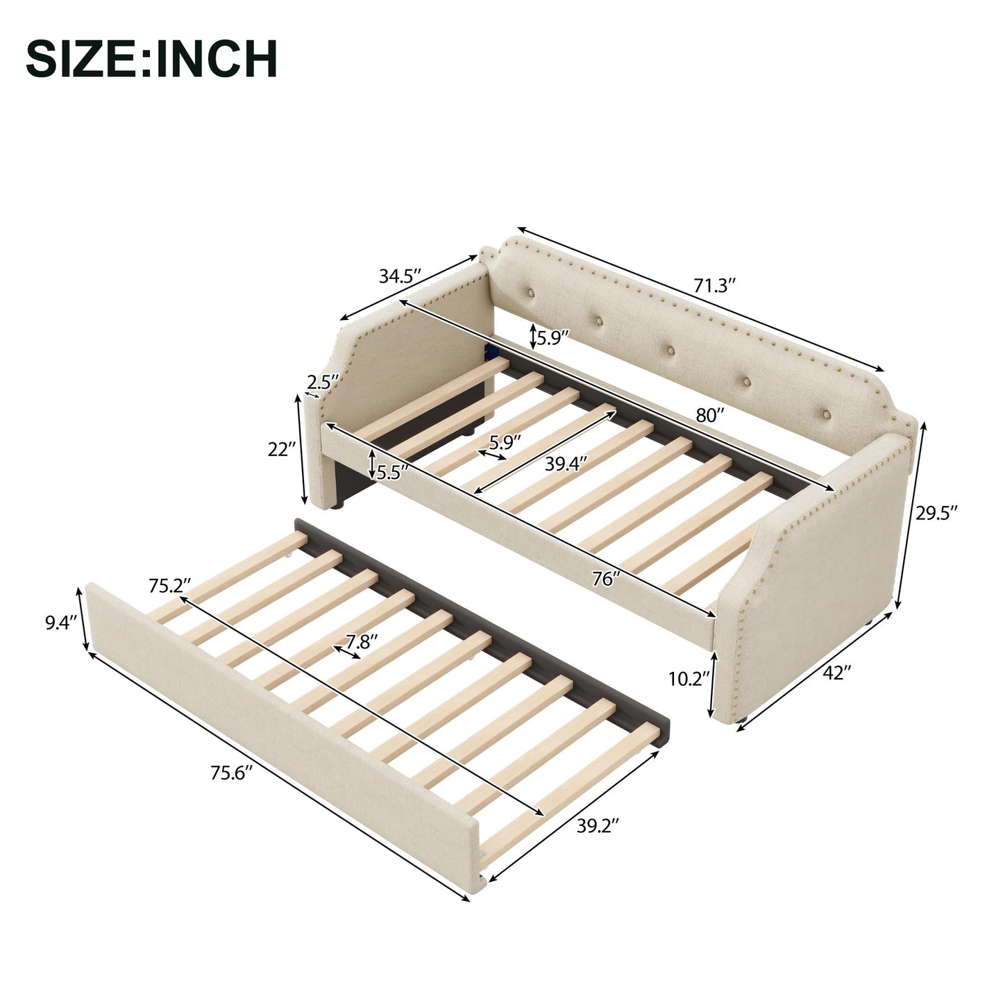 Upholstered Daybed with Trundle, Daybed Couch with Nailhead Decor and Button Tufted Design, Trundle Day Bed with Wood Slat Support, Mid Century Daybed for Living Room, Bedroom, Both Twin Size (Beige)