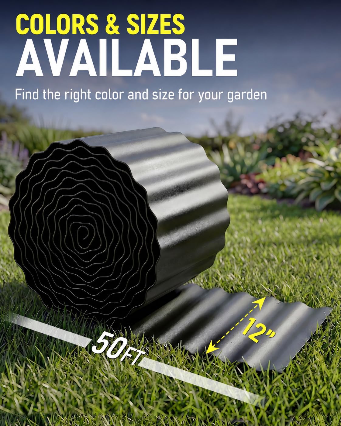 SOCONT Corrugated Metal Garden Edging, 12"×50Ft Durable Landscape Border for Garden, Lawn, Flower Beds and Paver Edging (Black)
