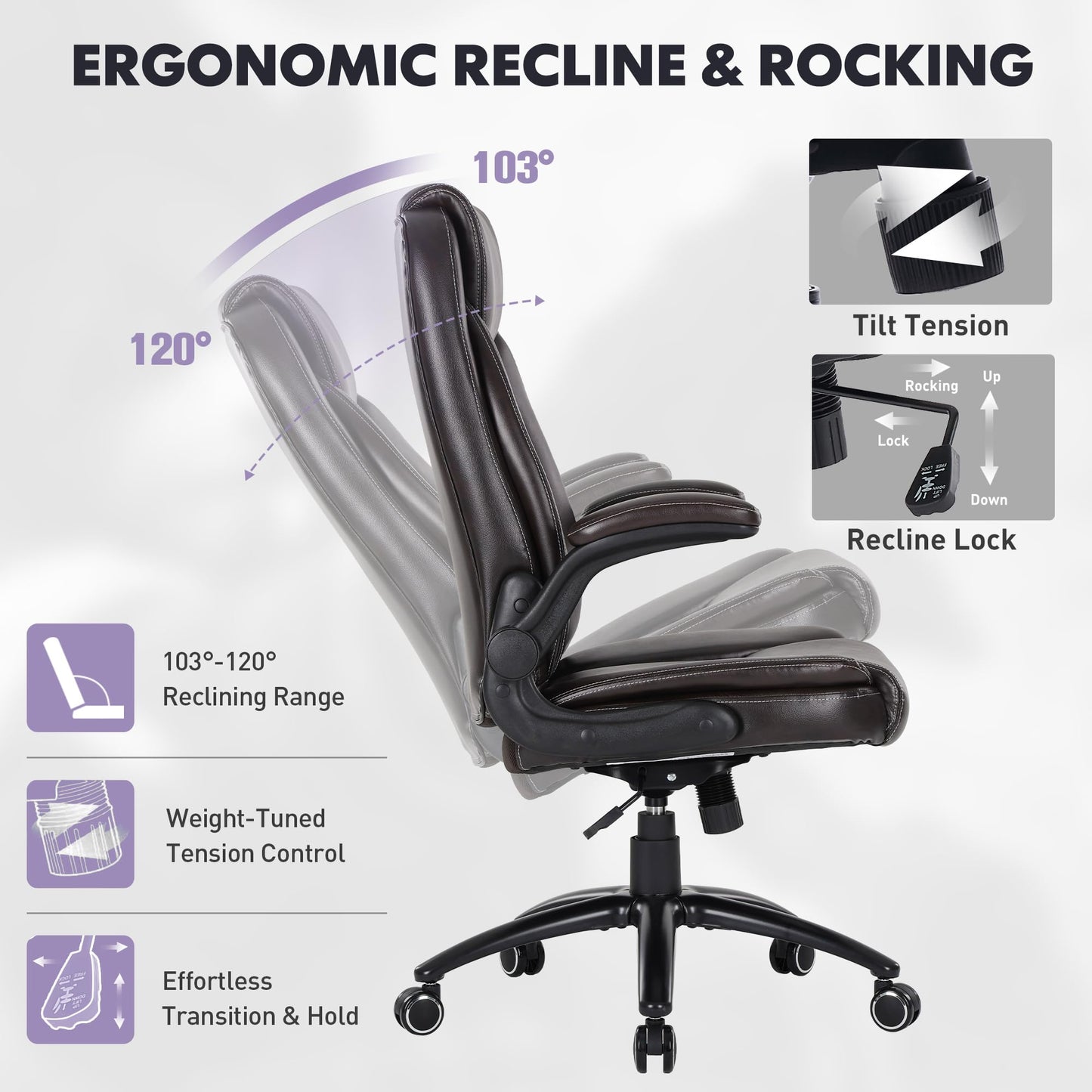 MALOL Ergonomic PU Leather Office Chair with Flip-Up Armrests & Reclining Backrest, 300lbs Thick Padded Seat Executive Desk Chair-Adjustable Height & Tilt Tension, Brown