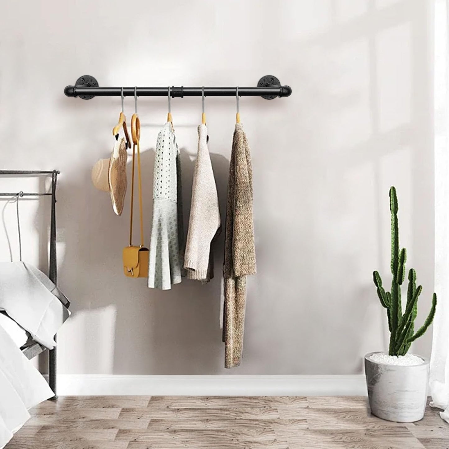 Jeasor Industrial Iron Pipe Clothes Hanging Bar DIY Wall-Mounted Garment Rack Heavy Duty Clothing Rack for Bedroom, Laundry Room, Closet Storage (Black 24 inch)