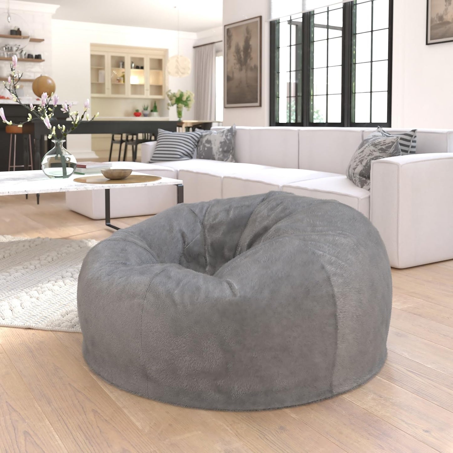Flash Furniture Duncan Oversized Gray Furry Bean Bag Chair for Kids and Adults