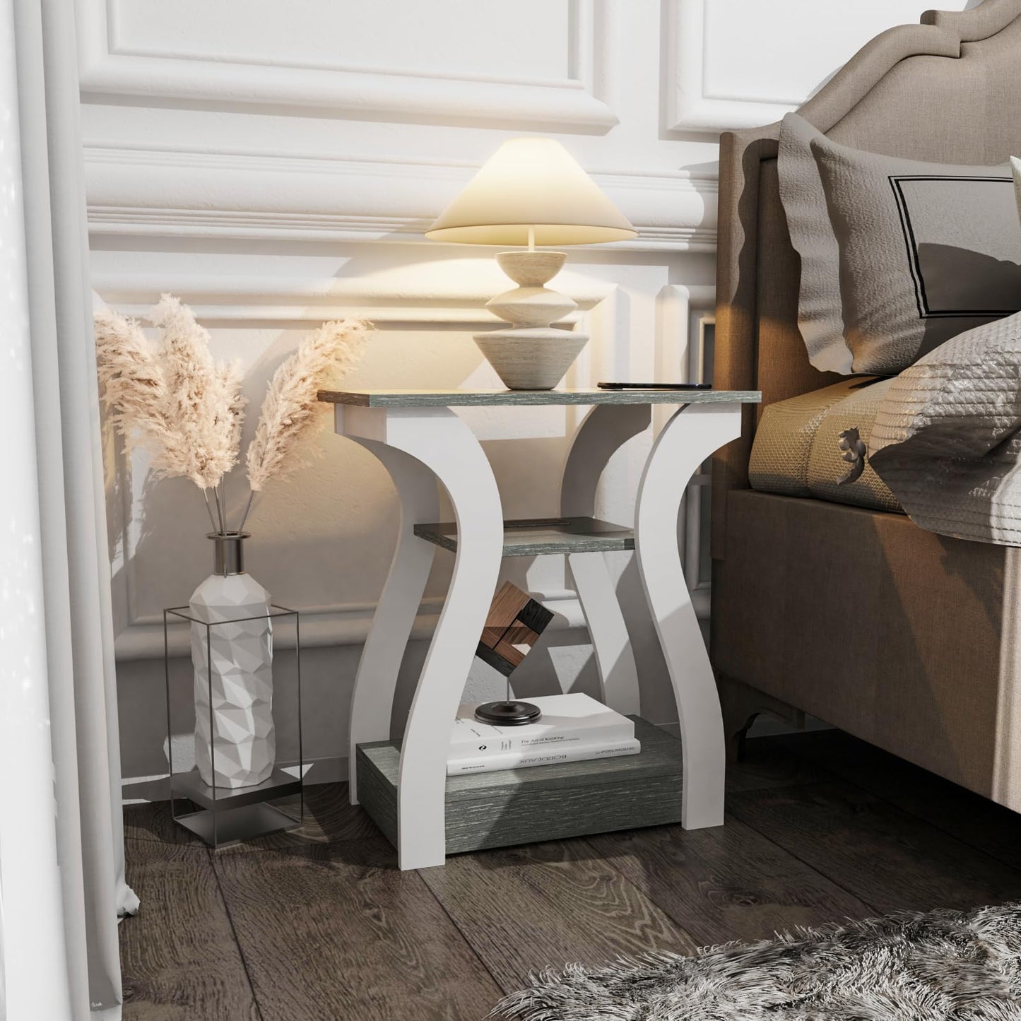 FROMJBEST End Tables Living Room, Grey End Table with Charging Station, Grey Side Table, Nightstand for Bedroom, 3 Tier End Table with Storage Shelf for Living Room