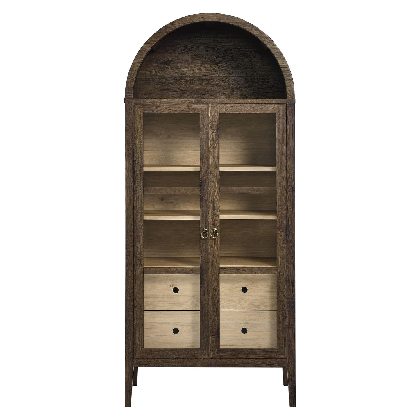Modway Nolan Modern Farmhouse 71 Inch Tall Arched Storage Display Cabinet in Walnut Hickory Wood Grain - 4-Tier Bookcase with Glass Doors and Shelves - Arch Accent Cabinet for Living Room