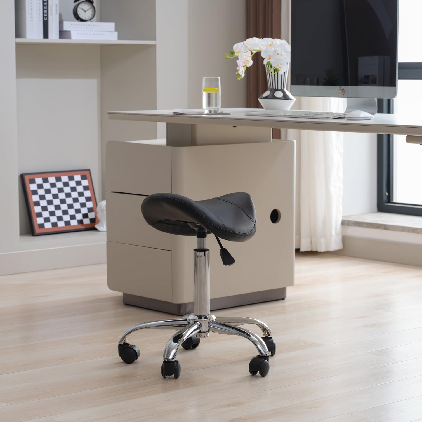 FIRAVOE Saddle Stool, Swivel Saddle Stools with Wheels, Adjustable Rolling Stool 18"-26", Faux Leather Rolling Saddle Stool for Salon, Massage, Clinic, Lab, Office (Black, 1PCS (18"-26"))