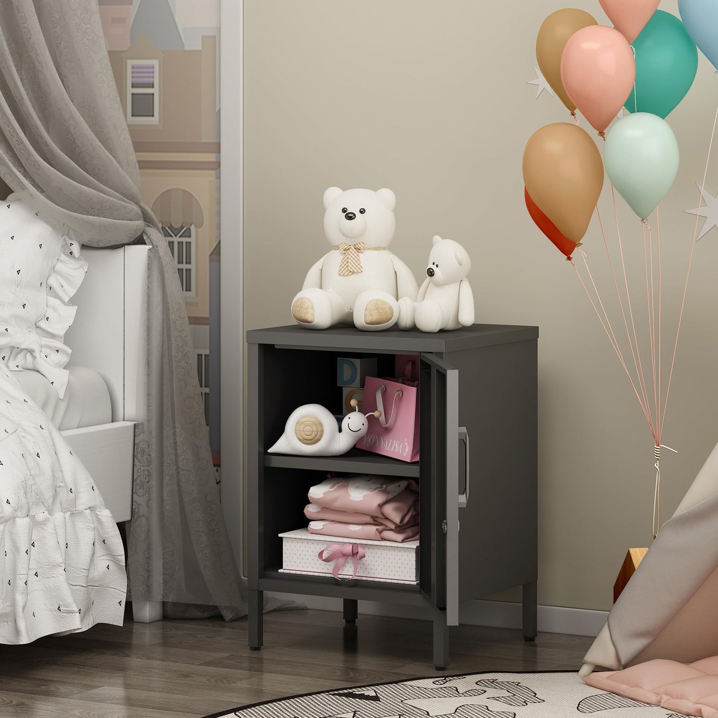 Metal Nightstand Modern End Side Table Steel Bedside Storage Cabinet with Shelf Easy Assembly for Living Room Bedroom （15.8”W x 15”D x 22.5”H ）