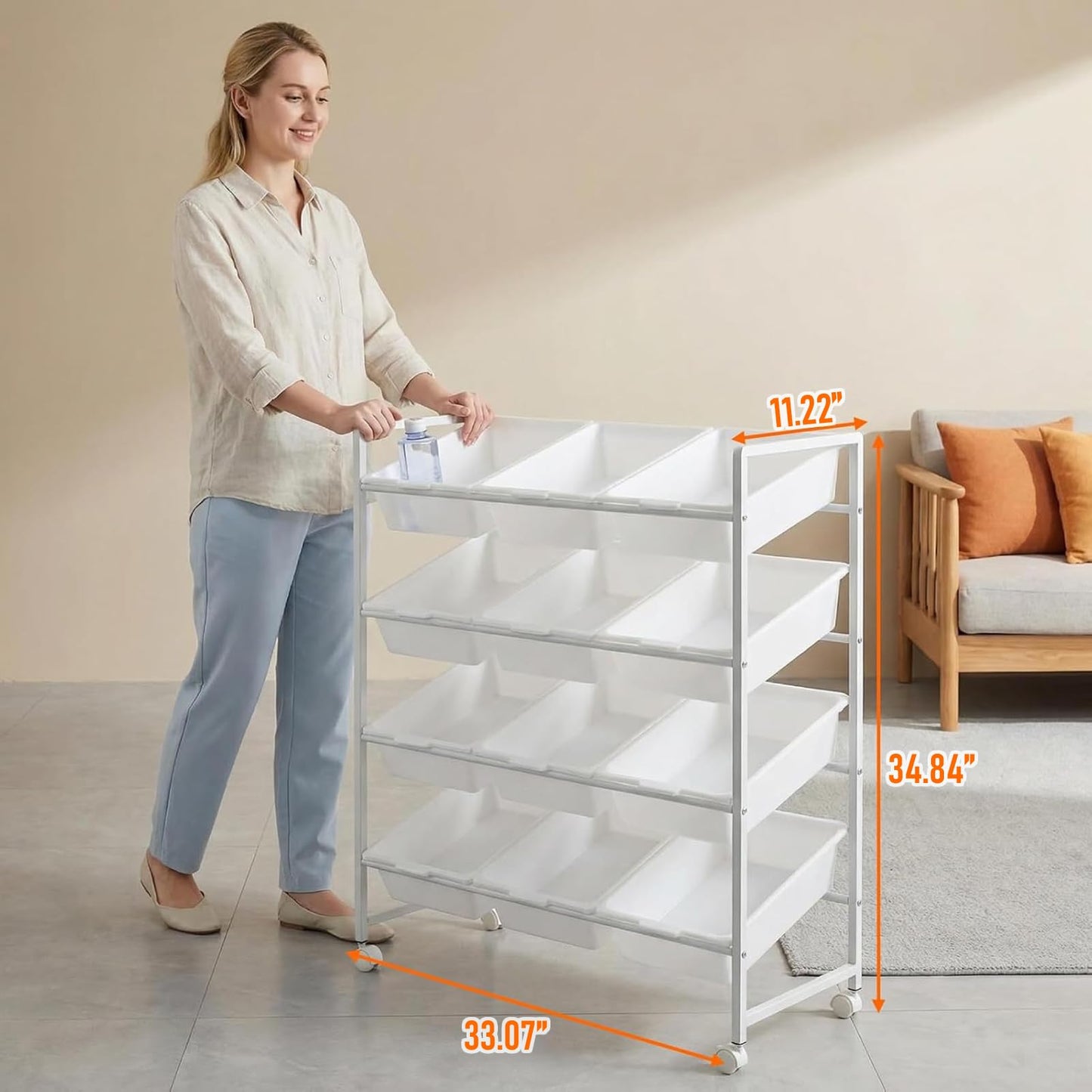 PureBox 4-Tier 3-Row Kids Toy Storage Organizer with 12 Rolling Plastic Bins, Mobile Utility Cart Bookshelf Cabinet for Playroom, Bedroom, and Classroom, Easy-Glide Bins for Quick Cleanup