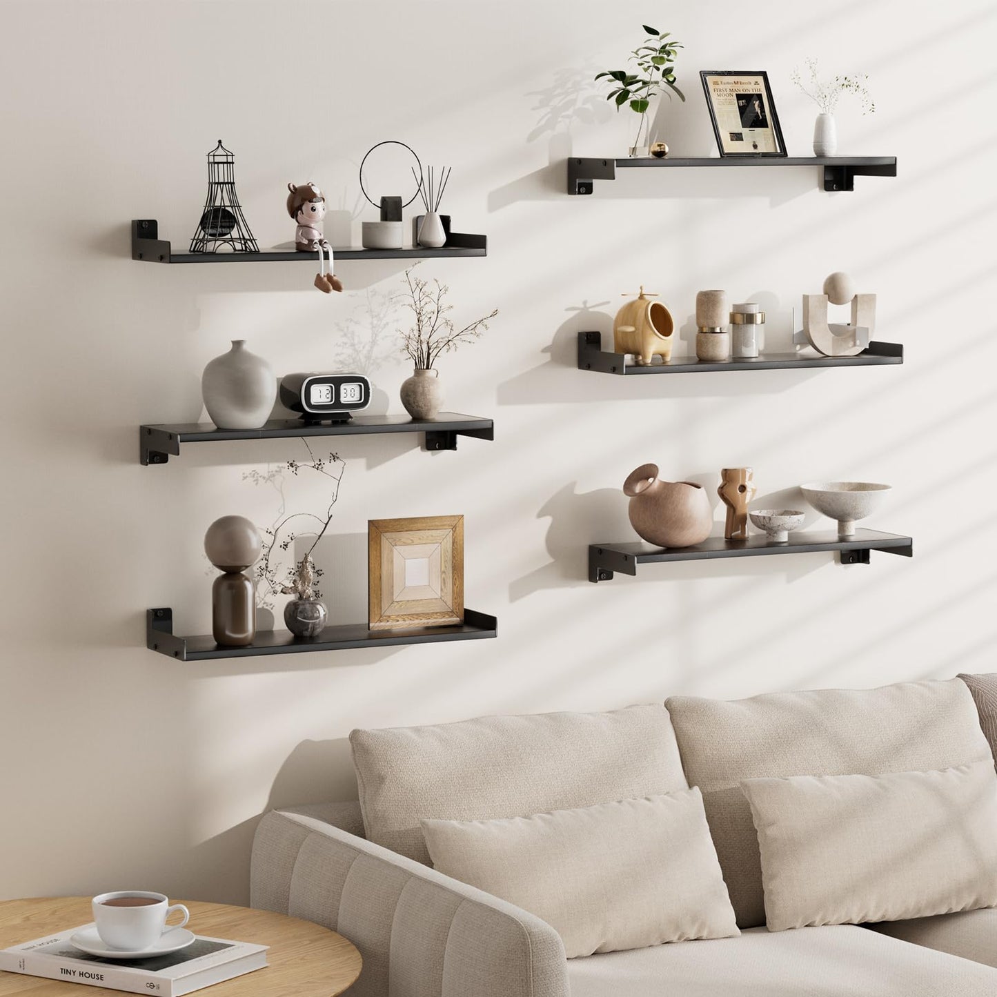 FNBAR Floating Shelves for Wall, Shelves for Decor Storage Set of 6, Wall Mounted Wood Shelf for Bedroom, Living Room, Bathroom, Kitchen,Long Picture Ledge Shelves.(Black)