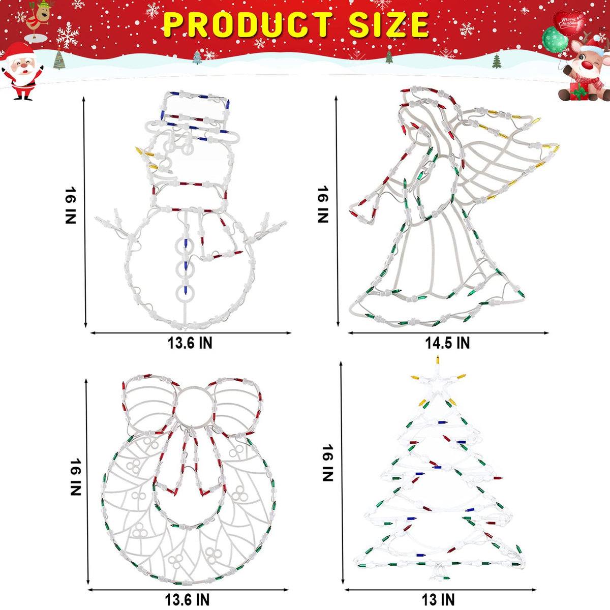 Christmas Window Silhouette Lights Decorations Pack of 4 Lighted Snowman, Trumpeting Angel, Wreath, Christmas Tree Christmas Window Lights with 50 Bulbs for Holiday Indoor Wall Door Glass Decorations