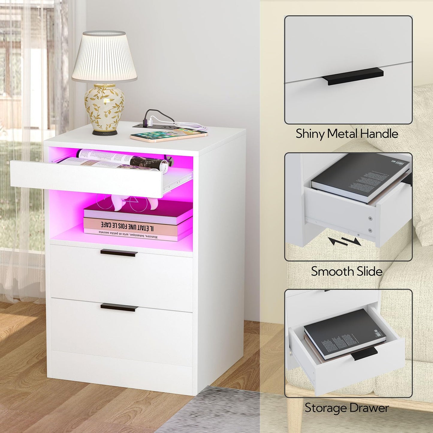 Yusong Night Stand, Bedside Table, LED Nightstand with Charging Station, Modern Night Stand, Wood Sofa Couch End Side Table with 2 Pull-Out Shelf (White 001)