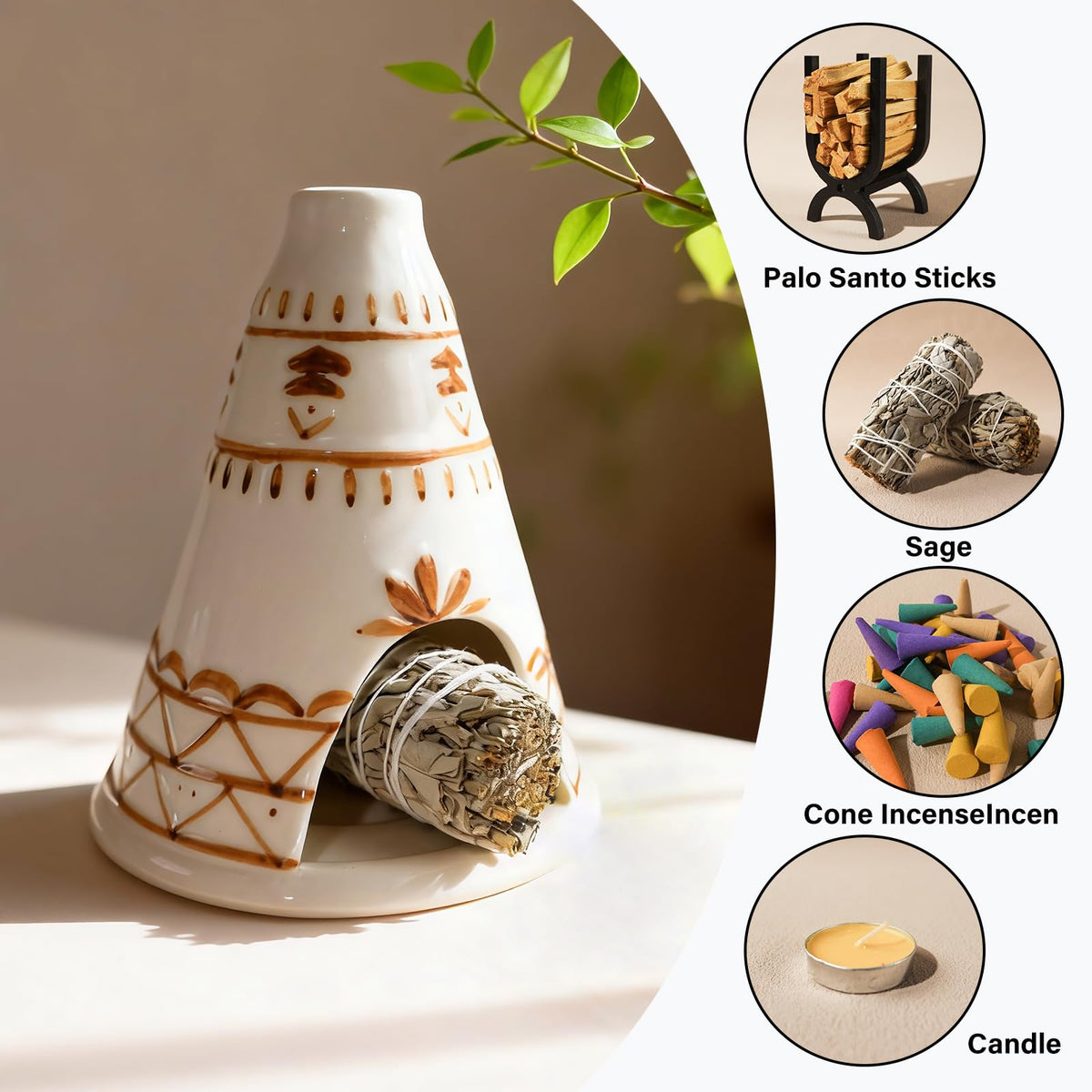 MOUGIGI Handcrafted Palo Santo Holder Ceramic Chimney Incense Burner - Tent Shape - Safe for Palo Santo Sticks Sage & Incense Cones for Meditation Yoga Zen Altar Aromatherapy - Thoughtful Gift Idea