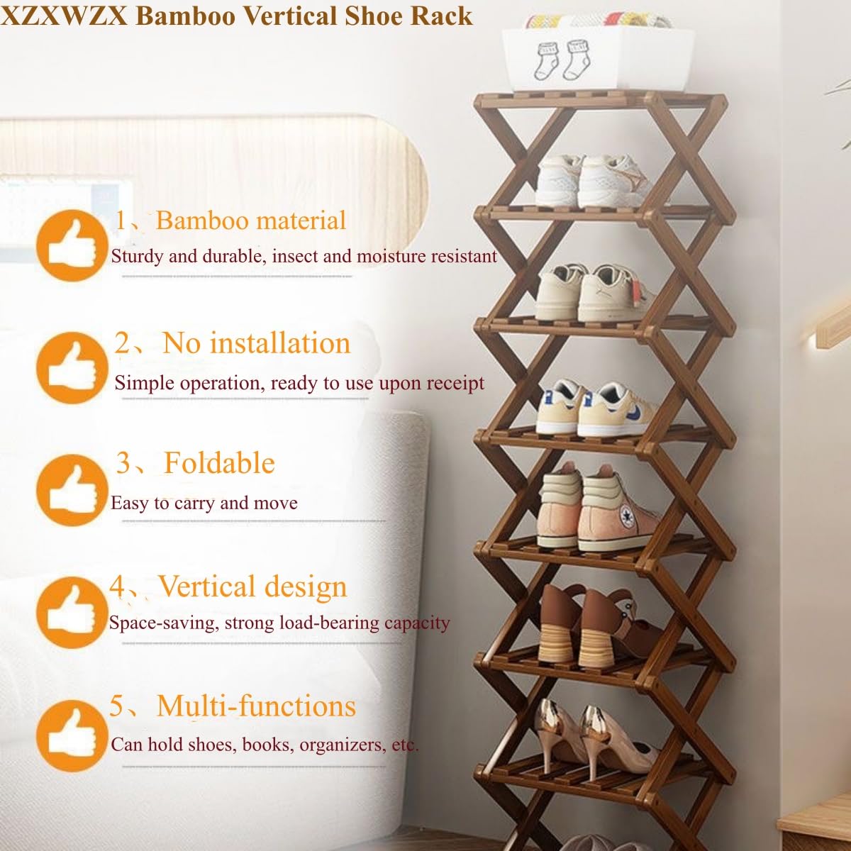 XZXWZX 4 Tier Foldable Shoe Rack, Bamboo Vertical Shoe Organizer Tall for Multifunctional Narrow Shoe Shelf for Entryway, Closet, Corner, Bedroom, Hallway(Brown)