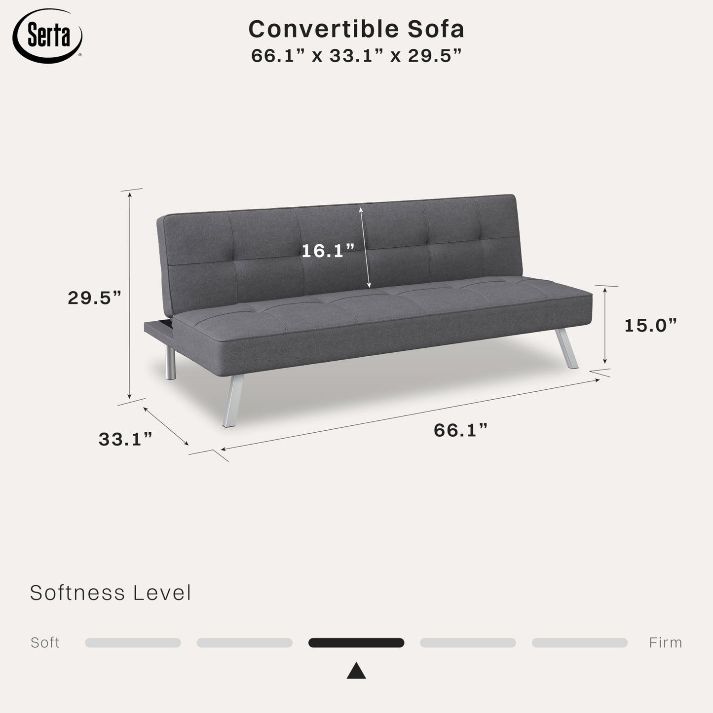 Serta® Rane Futon Sofa Bed 66.1", 3-in-1 Convertible Couch Sleeper for Small Spaces, Tufted Back, Twin Size Guest Bed, Chracoal Woven Fabric