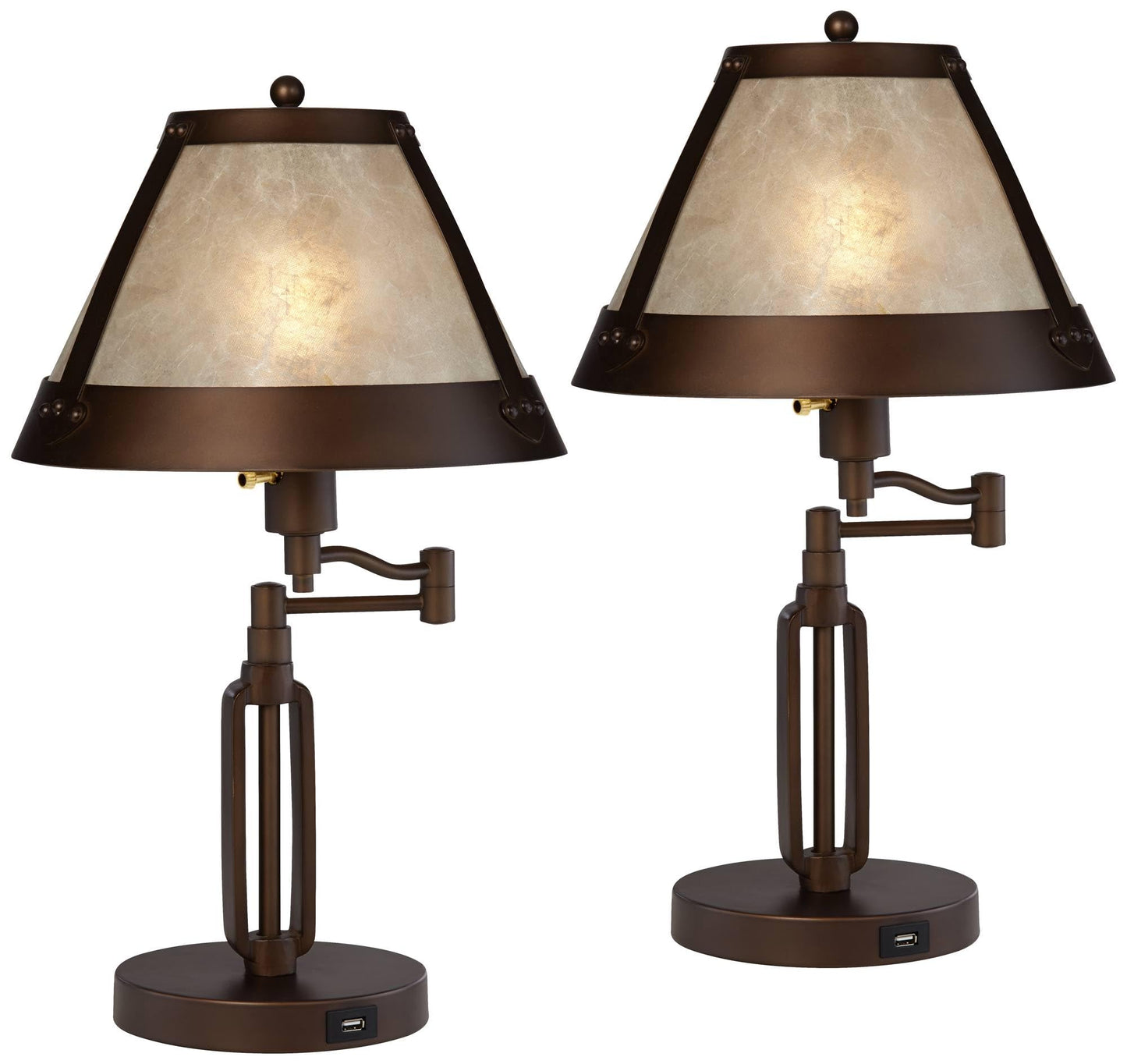 Franklin Iron Works Samuel 21 1/4" High Small Farmhouse Rustic Traditional Desk Lamps Set of 2 USB Port Swing Arm with Socket Brown Bronze Finish Metal Shade Home Office Living Room Charging Bedroom