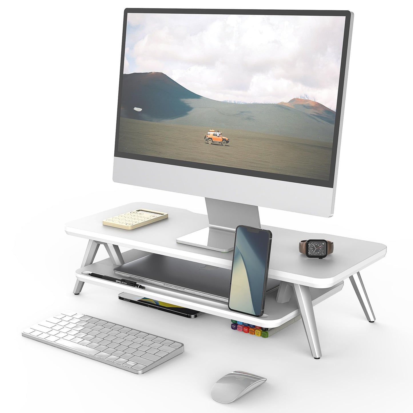 Fenge Monitor Stand, Monitor Stands Riser for Desk, 23.6 Inch Wood Desk Shelf with Storage Organizer and Cable Management for Office Desk Accessories