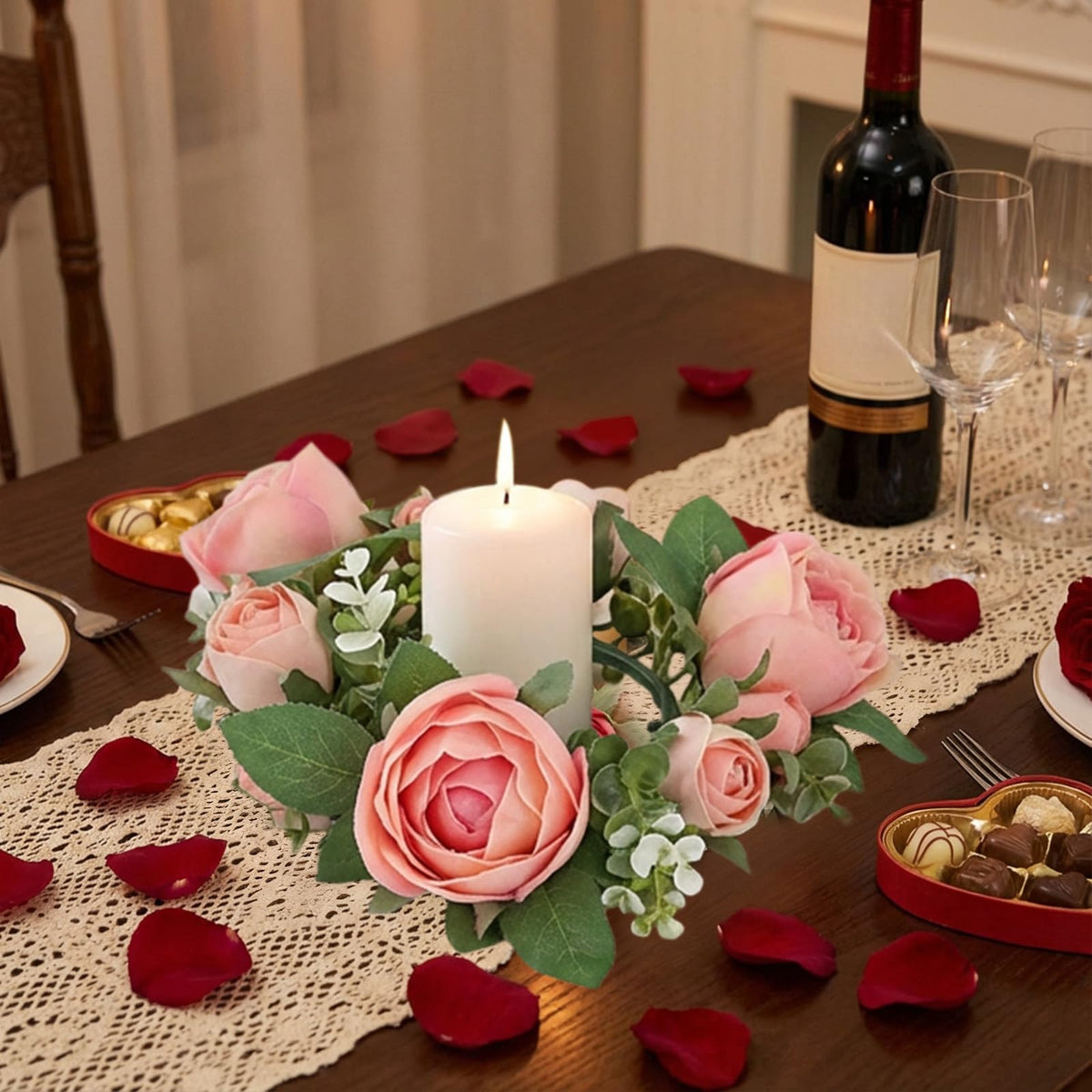 Artificial Rose Candle Rings Wreath Mini Floral Wreaths Pillar Candle Holder with Blooming Flowers and Green Leaves for Wedding Party Home Table Centerpieces Decor (Pink)