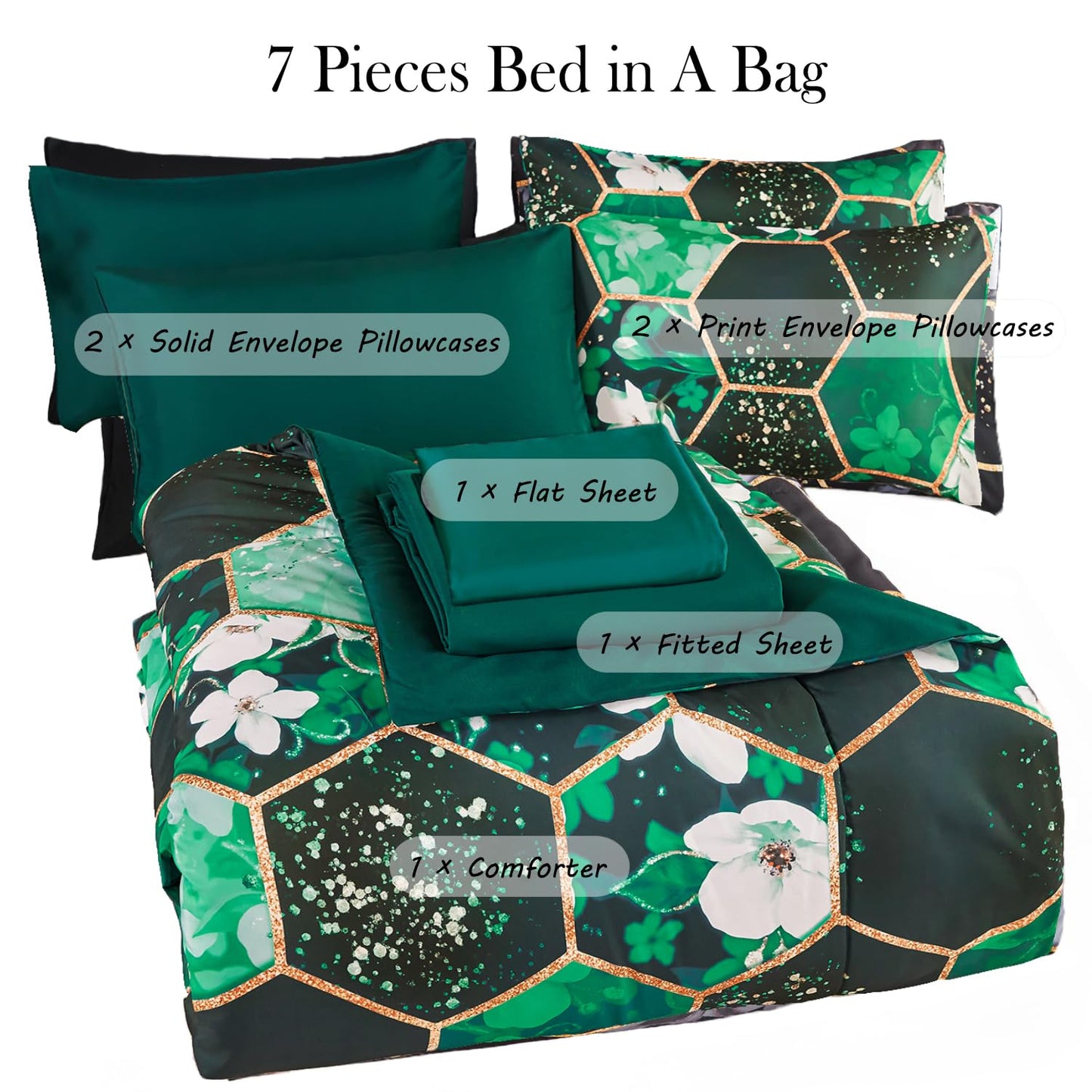 ZRNBAST Emerald Green Comforter Set King, 7Pcs White Floral Hexagon Bed in A Bag, Soft Geometric Bedding Sets with Sheets Pillowcases for Women Men(Green Floral,King)