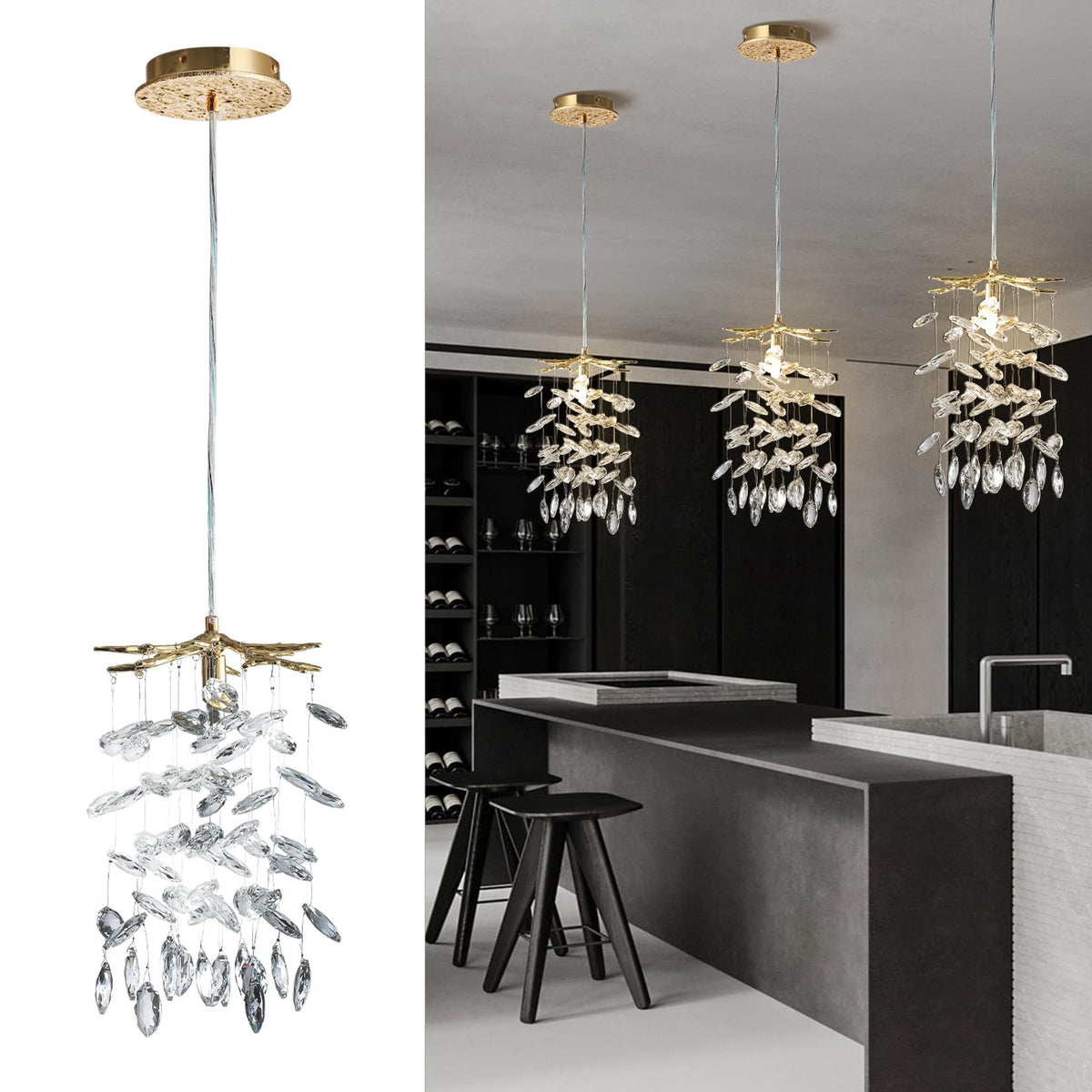 YUYI 8.3" Crystal Pendant Light for Kitchen Island, Modern Gold Tree Branch Chandeliers, Luxury Round Raindrop Chandelier Pendant Lights Fixture for Dining Room, Living Room, Bedroom, Foyer, Entryway
