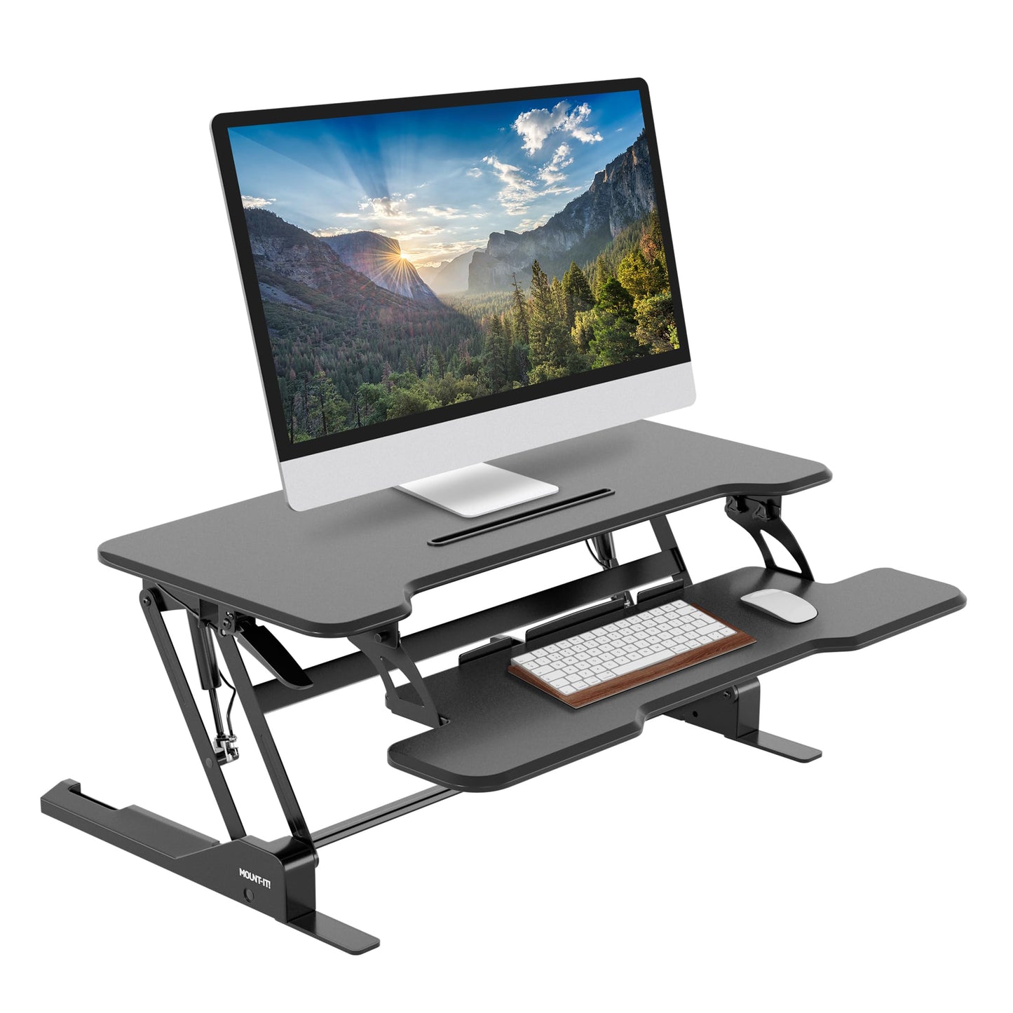 Mount-It! 38 Inch Standing Desk Converter - Gas Spring Sit Stand Desk Riser for Dual Monitors - Height Adjustable Desktop Workstation with Keyboard Tray - Black